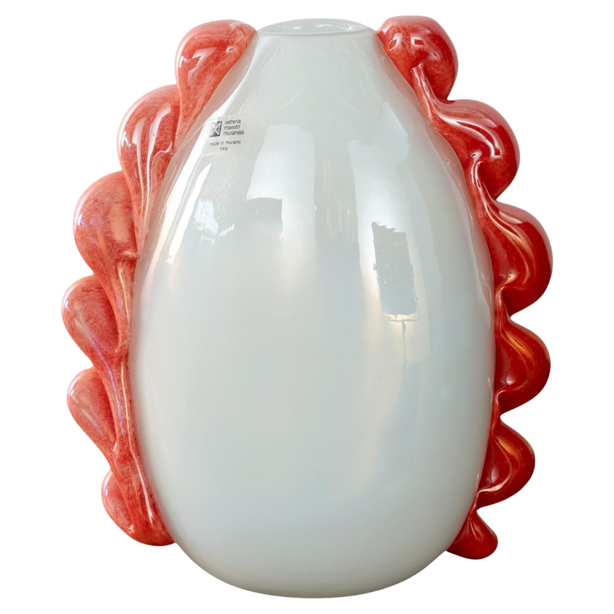 Unique Murano Opaline Glass Vase with Coral Red Sculptural Applications 1980s For Sale
