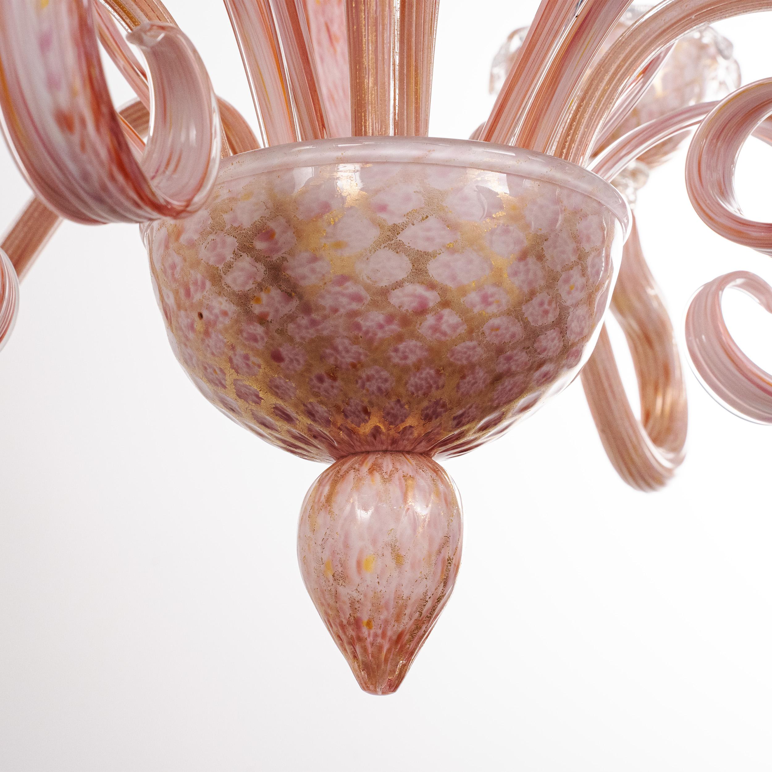 Unique Murano Pink gold glass chandelier 5 lights Vintage Made in Italy in stock (Italienisch) im Angebot