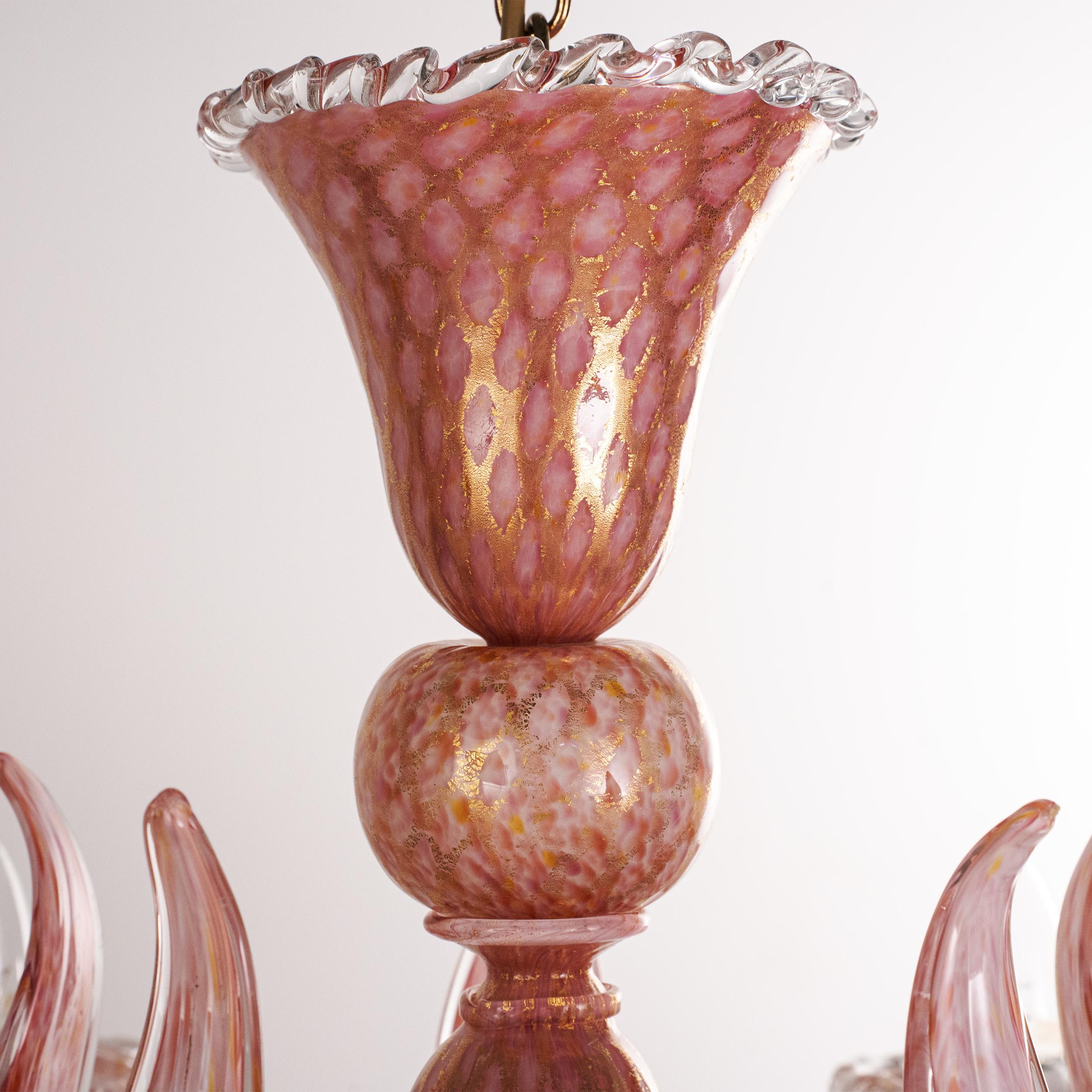 Unique Murano Pink gold glass chandelier 5 lights Vintage Made in Italy in stock im Zustand „Hervorragend“ im Angebot in Venezia, IT