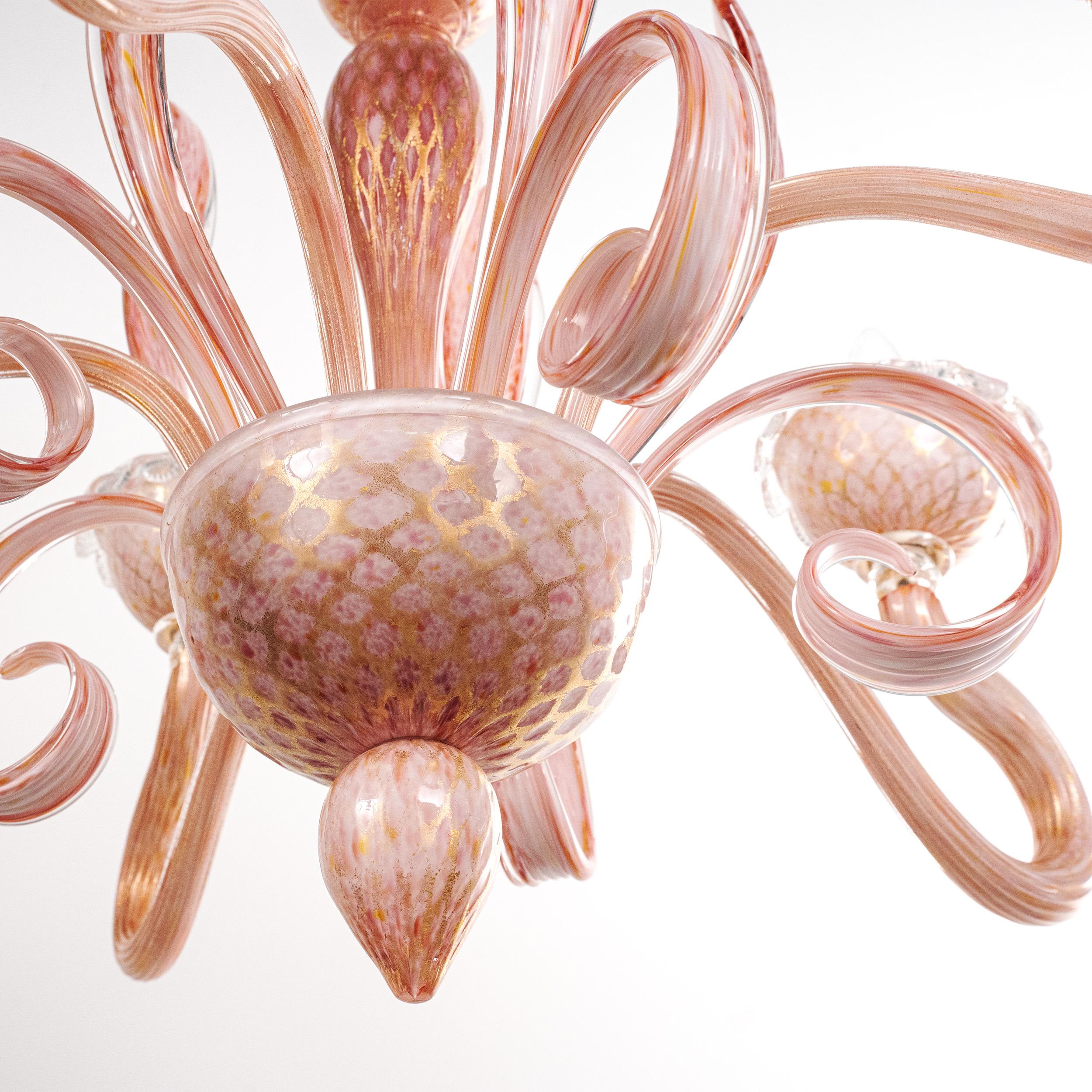 Unique Murano Pink gold glass chandelier 5 lights Vintage Made in Italy in stock im Angebot 1