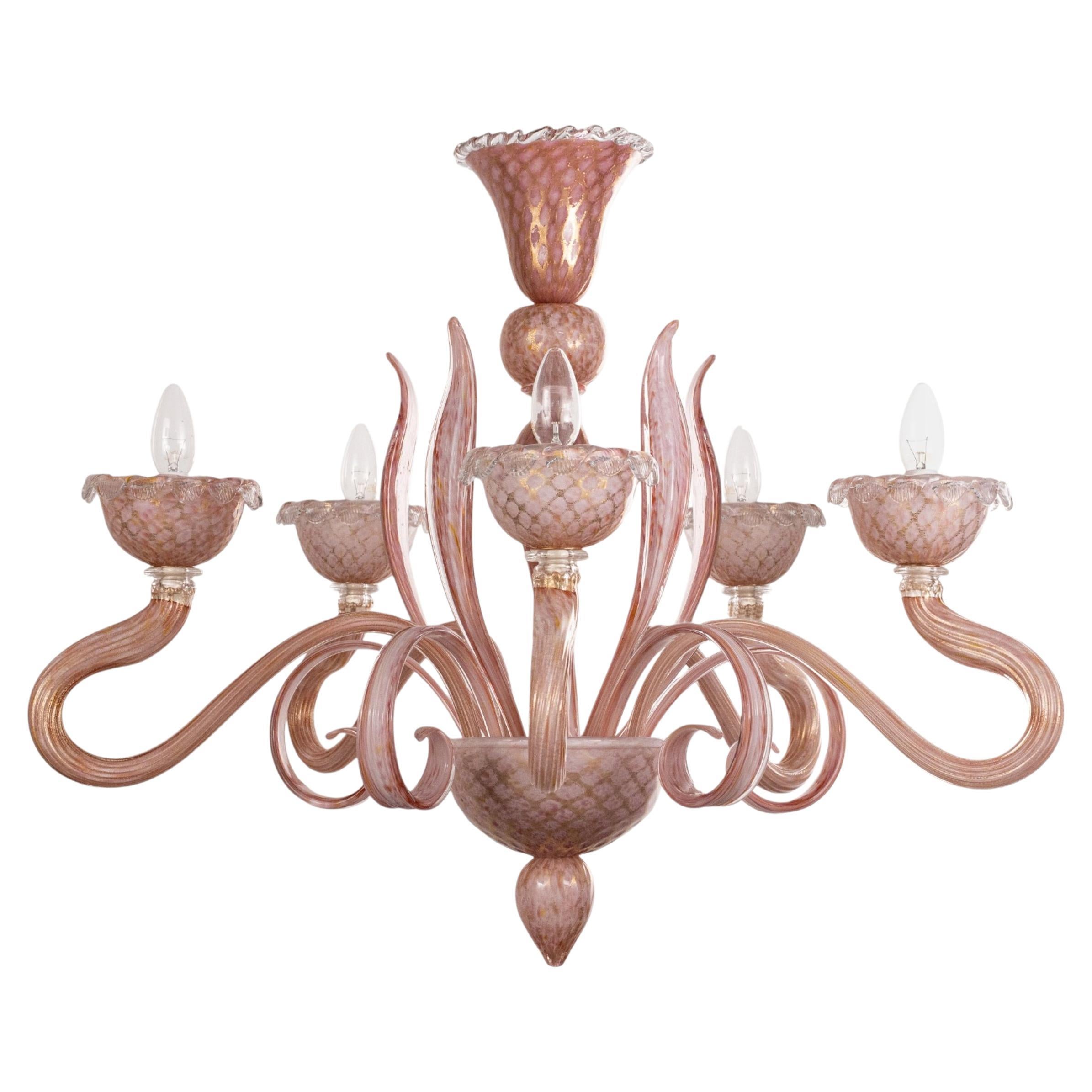 Unique Murano Pink gold glass chandelier 5 lights Vintage Made in Italy in stock