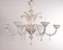 Unique Murano White glass chandelier 6 lights, Vintage Made in Italy in stock