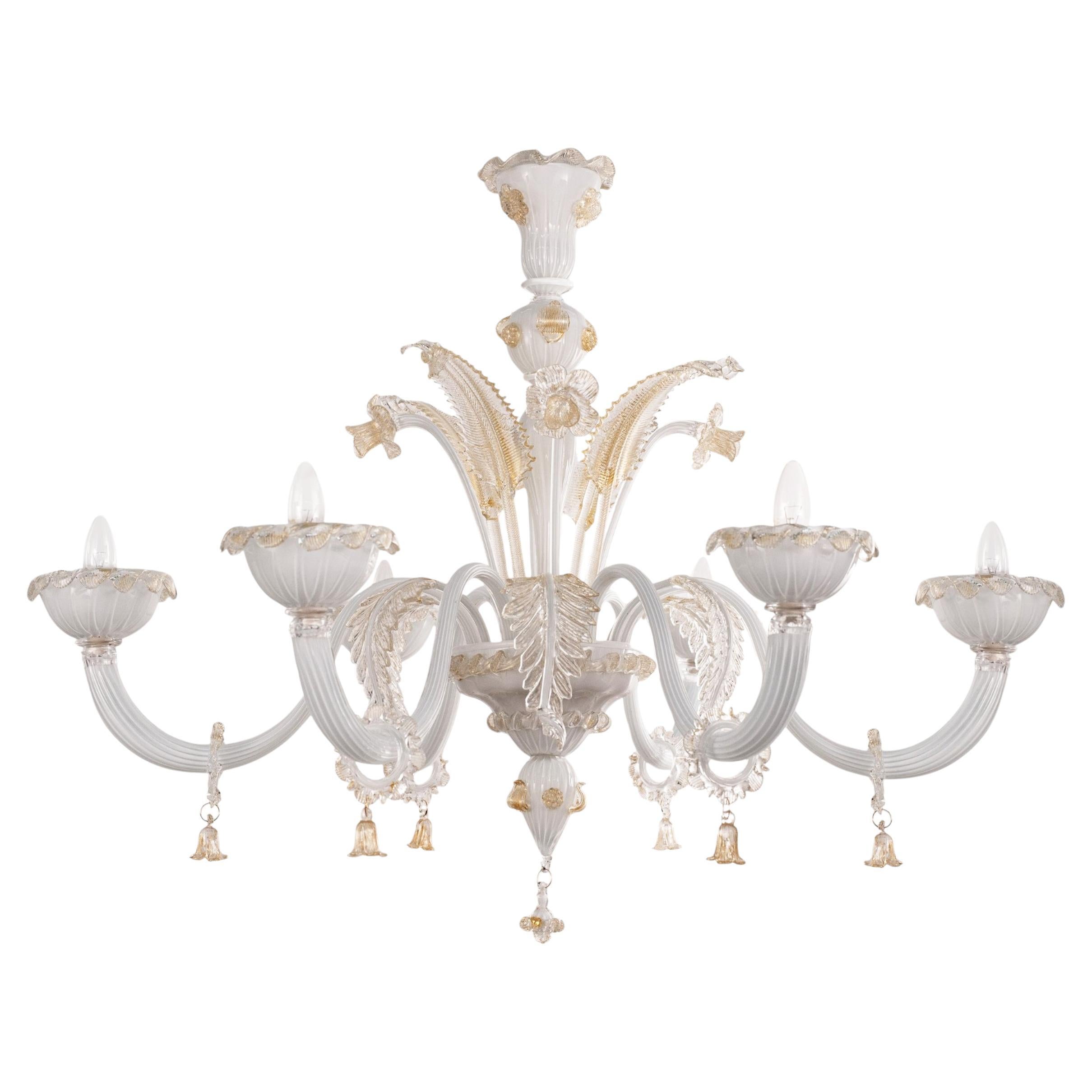 Unique Murano White glass chandelier 6 lights, Vintage Made in Italy in stock