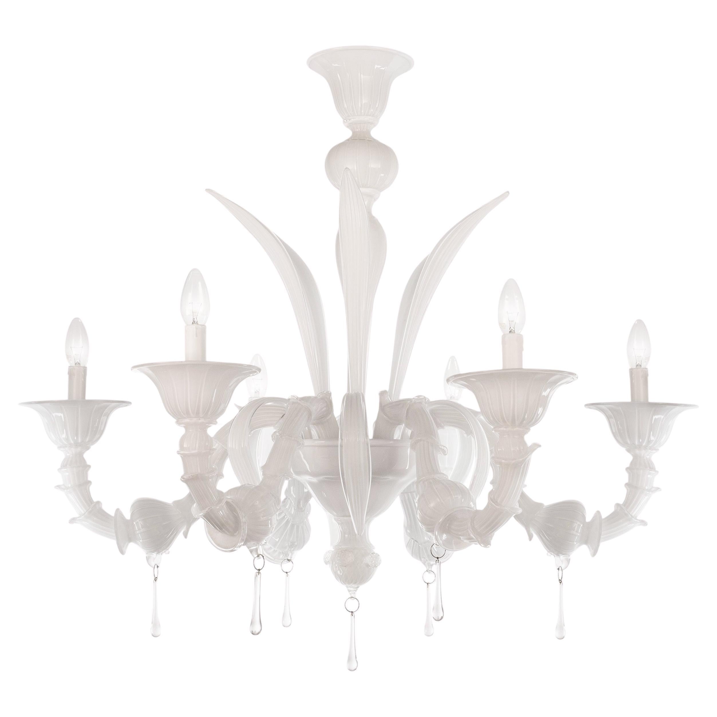 Unico lampadario in vetro di Murano bianco a 6 luci, Vintage Made in Italy in stock