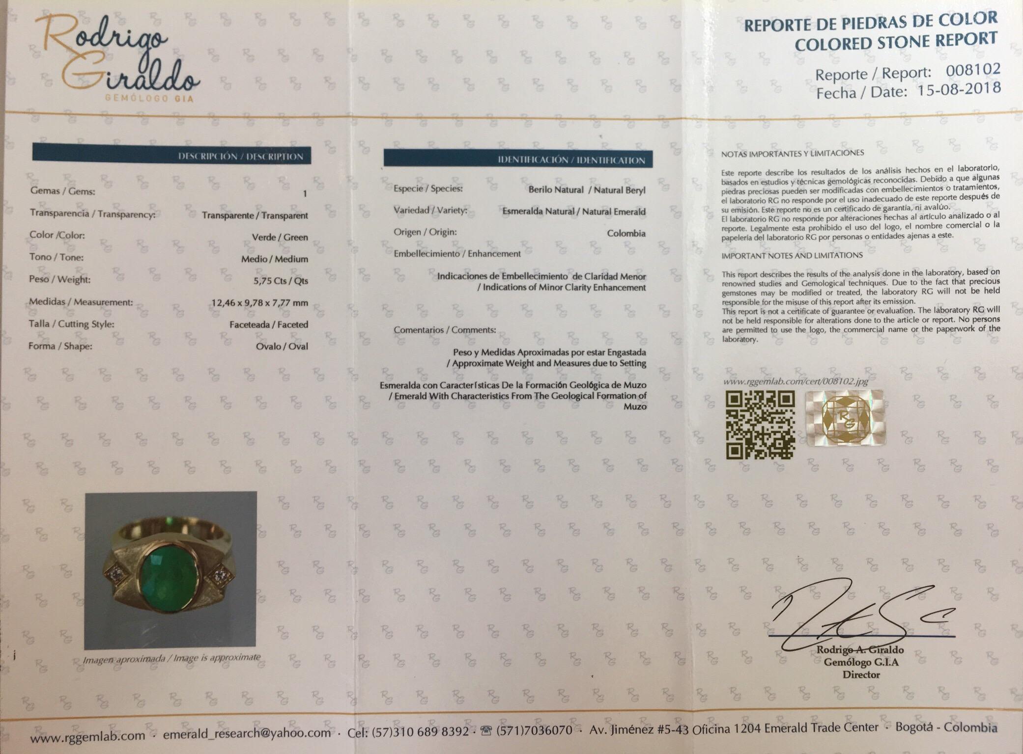 Unique Muzo 5.75 Carat Colombian Emerald & Diamond 18 Karat Gold Certified Ring 4