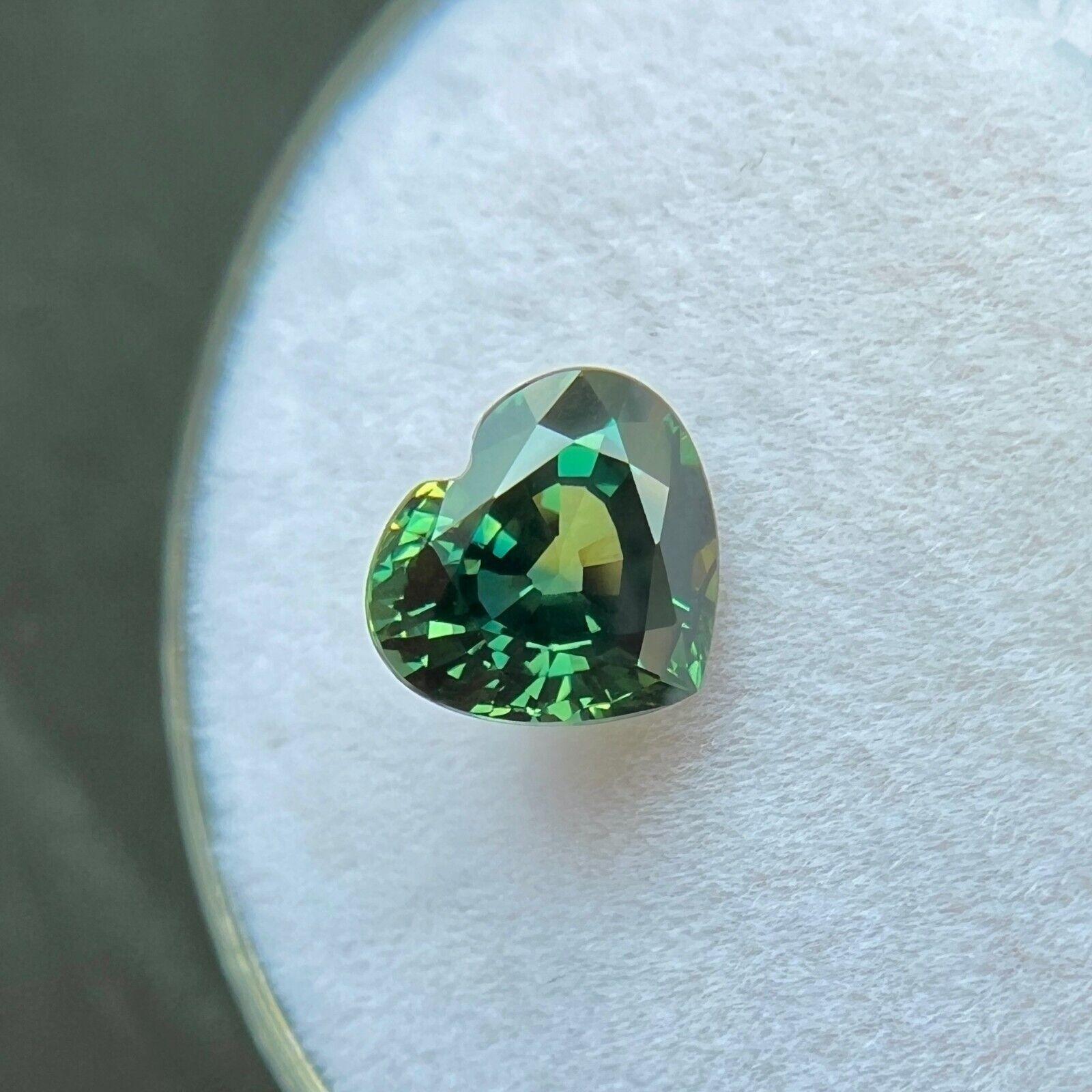 Women's or Men's Unique Natural 1.61ct Blue Green Bi Colour Sapphire Heart Cut Rare 7x6.3mm VVS For Sale