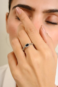 Unique Natural Blue Sapphire Halo Diamond Ring in 14K White Gold Chain Ring
