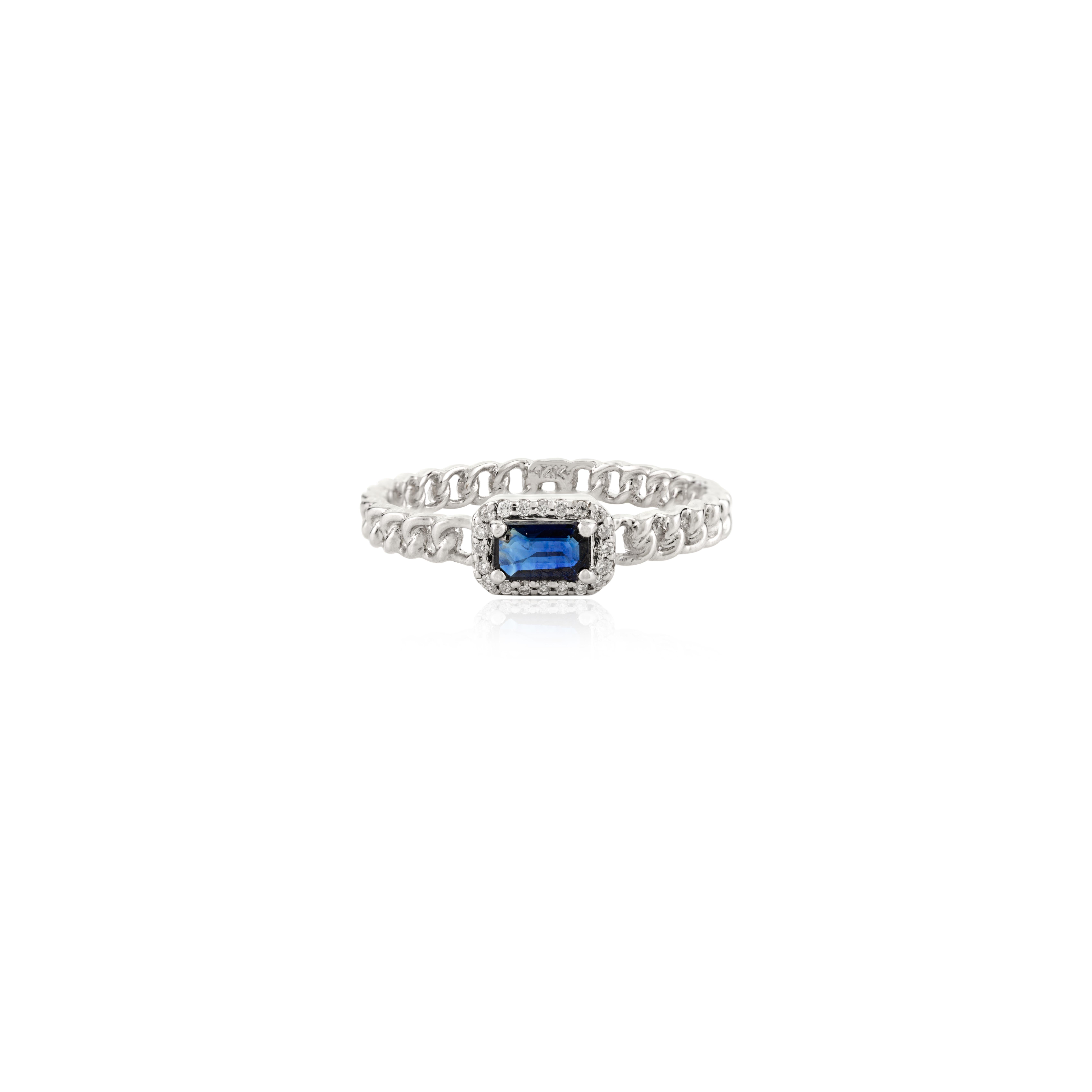 For Sale:  Unique Natural Blue Sapphire Halo Diamond Ring in 14K White Gold Chain Ring 6
