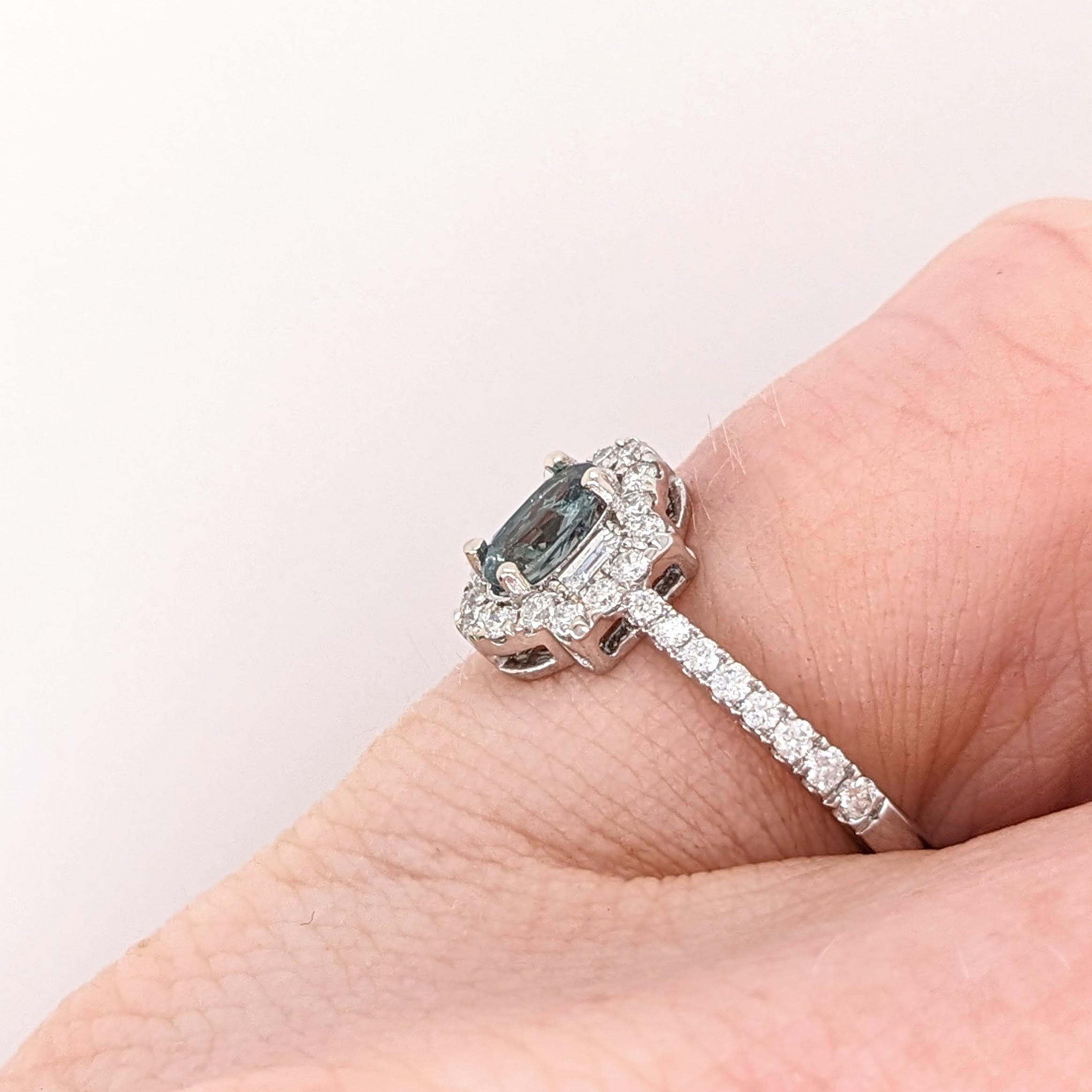 Modern Unique Natural Color Changing Alexandrite Ring with Baguette Diamond Accents For Sale