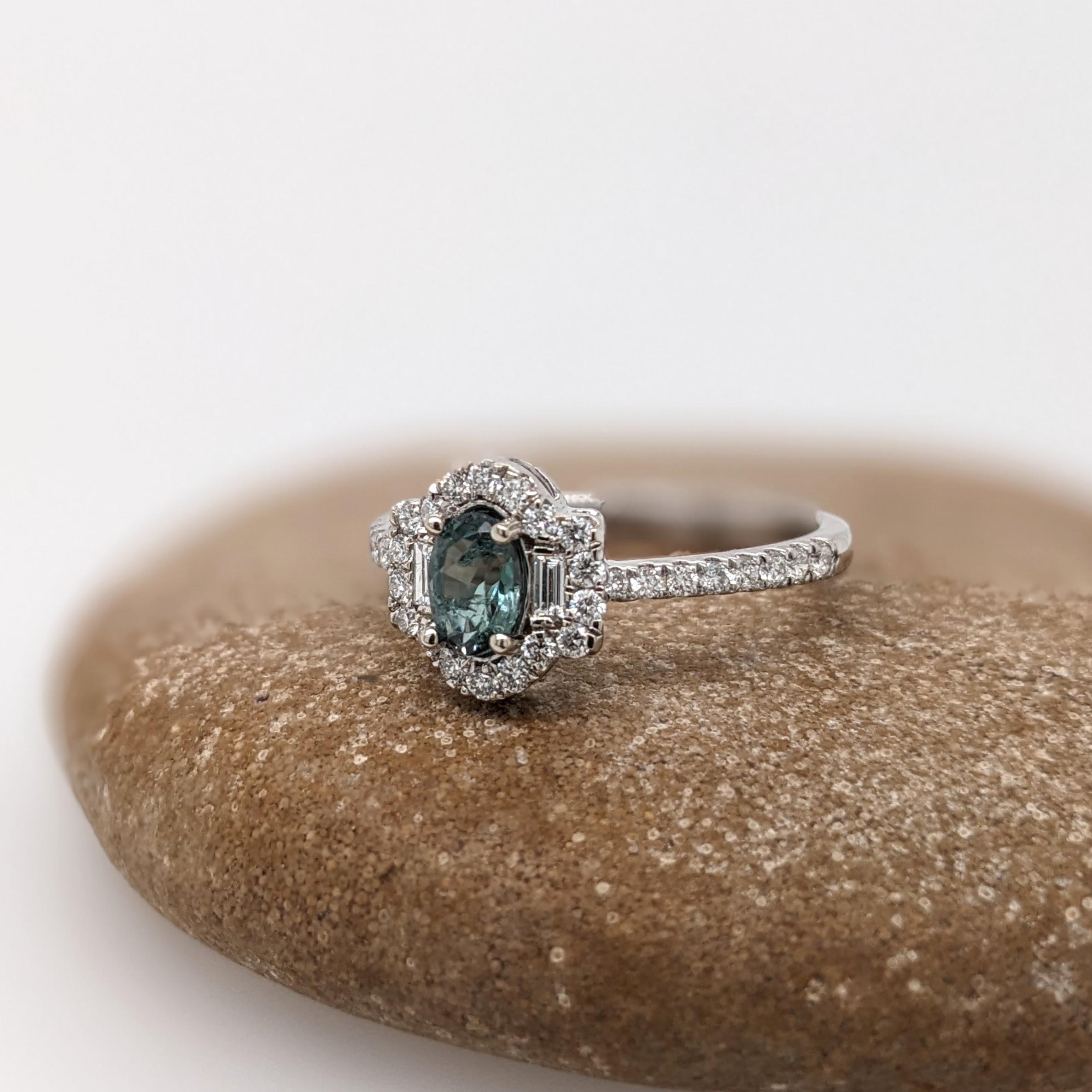 Oval Cut Unique Natural Color Changing Alexandrite Ring with Baguette Diamond Accents For Sale
