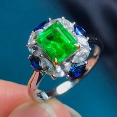 Unique Natural Emerald Sapphire Engagement ring, Art Deco Emerald Cocktail Ring