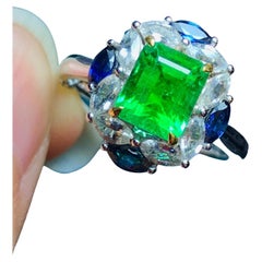Unique Natural Emerald Sapphire Engagement ring, Art Deco Emerald Cocktail Ring