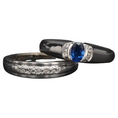 Unique Natural Sapphire Wedding Ring Set, Vintage Sapphire Engagement Ring Set