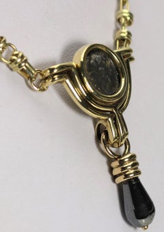 Unique Necklace 18K Gold, Ancient Greek Coin, Hematite Pearl