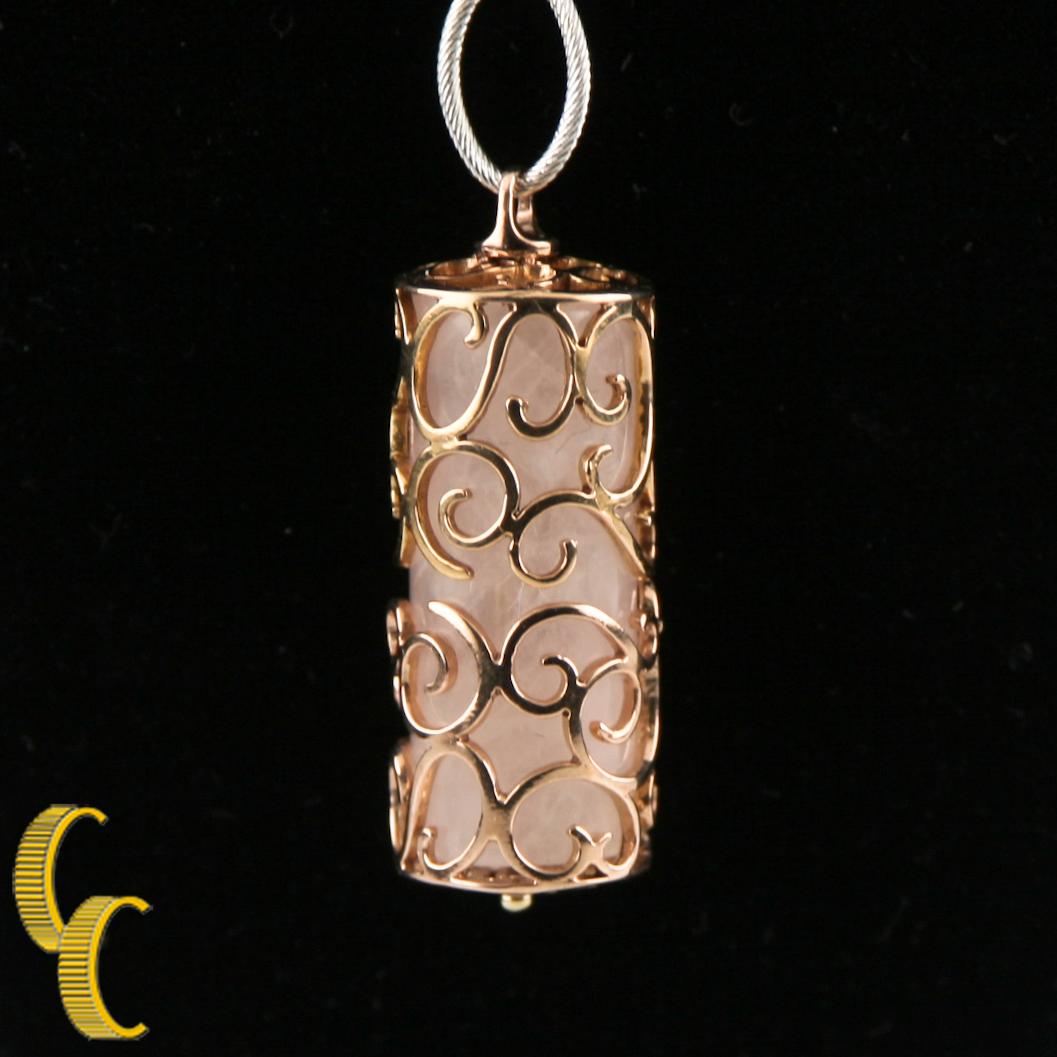 Poli au tonneau Collier unique avec pendentif en forme de cage en corail et or blanc et rose 14 carats en vente