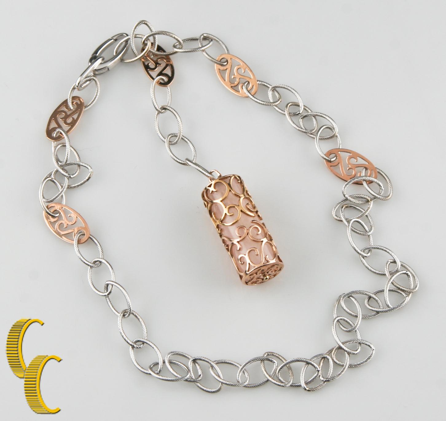 Tumbled Unique Necklace Featuring Coral Pendant in Cage Set in 14k White and Rose Gold For Sale