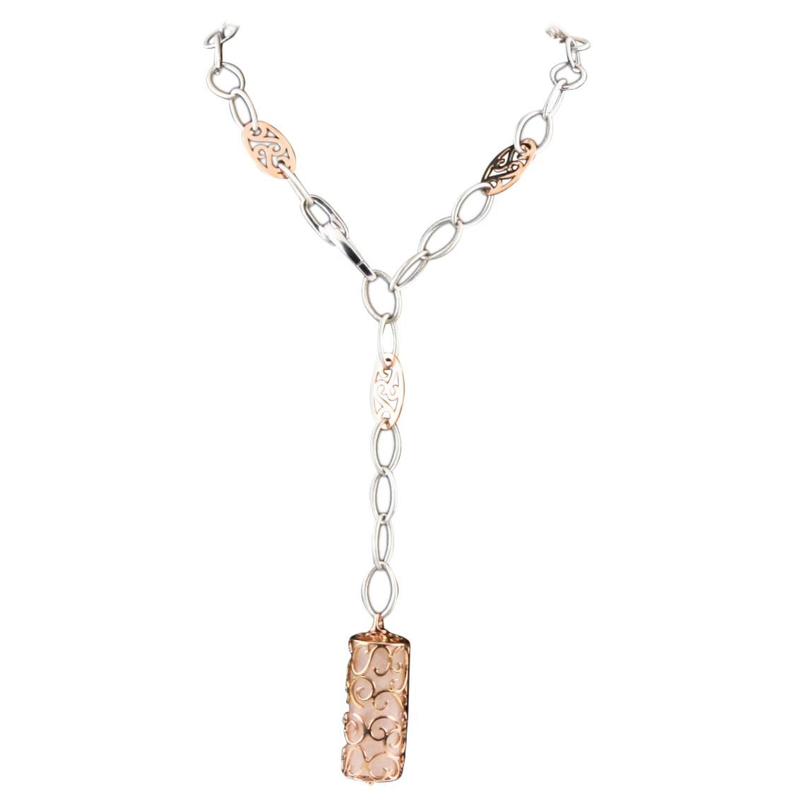 Unique Necklace Featuring Coral Pendant in Cage Set in 14k White and Rose Gold For Sale