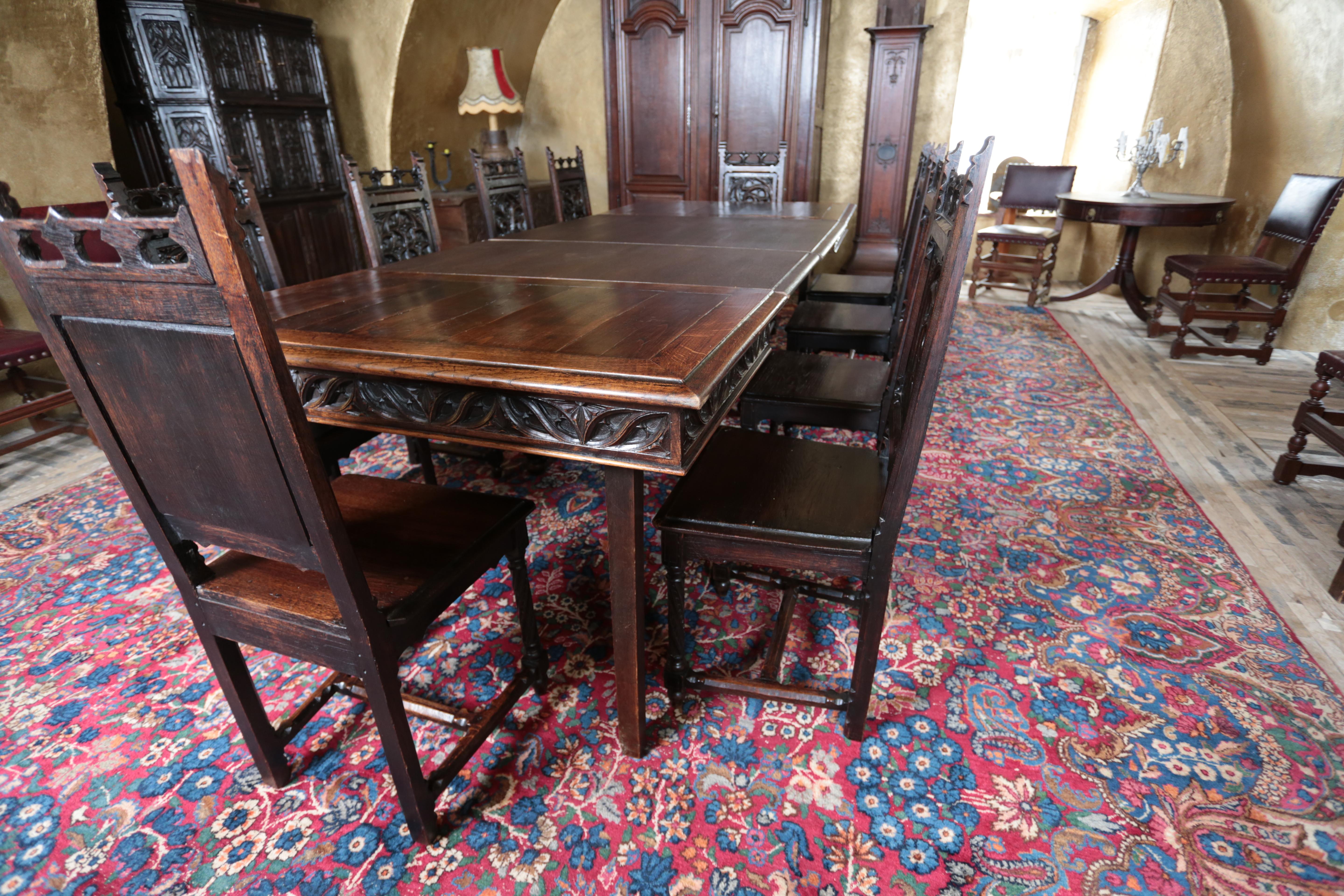 Unique neo-Gothic dining room, large table and 10 chairs For Sale 3