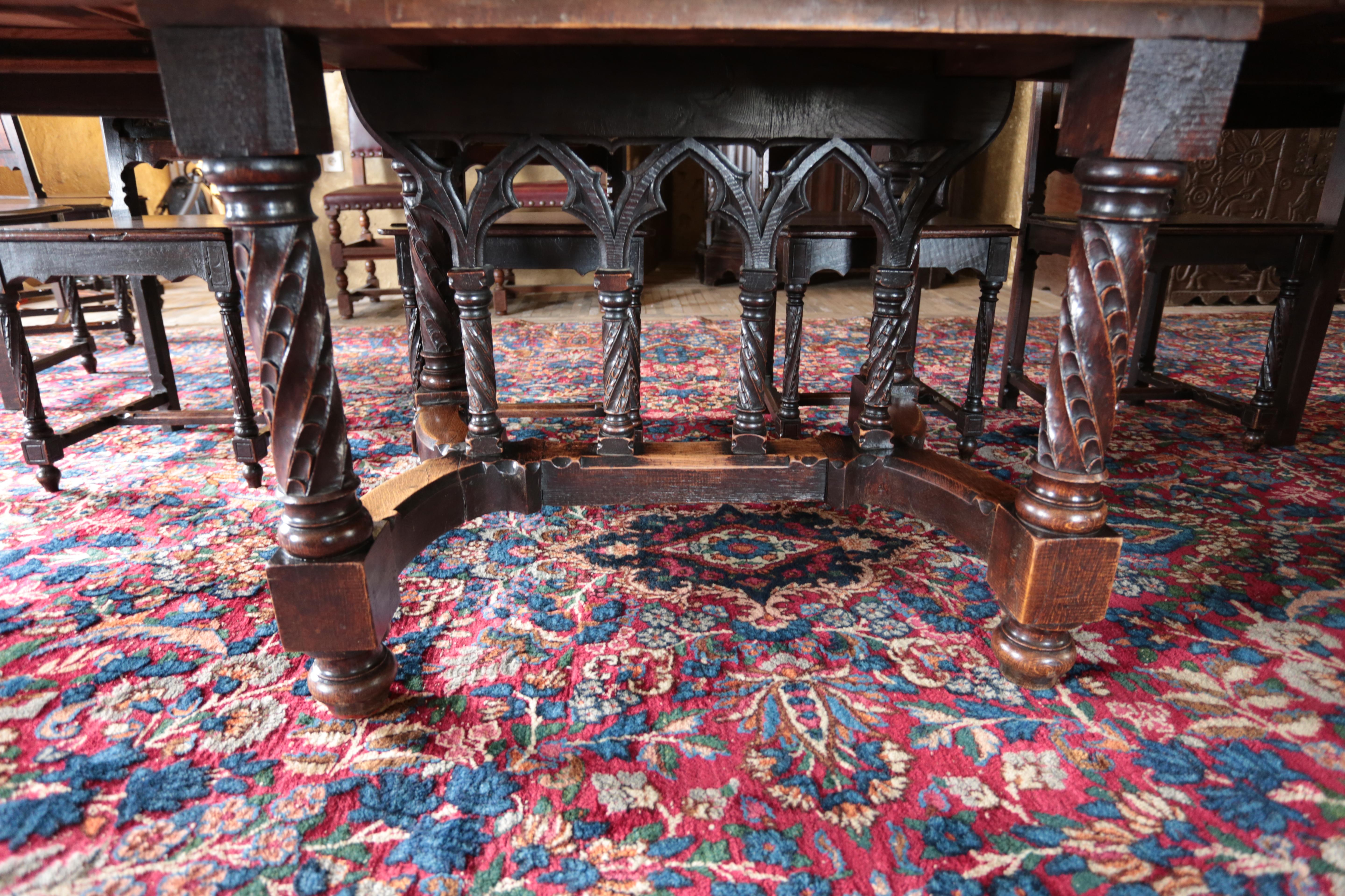 Unique neo-Gothic dining room, large table and 10 chairs For Sale 5