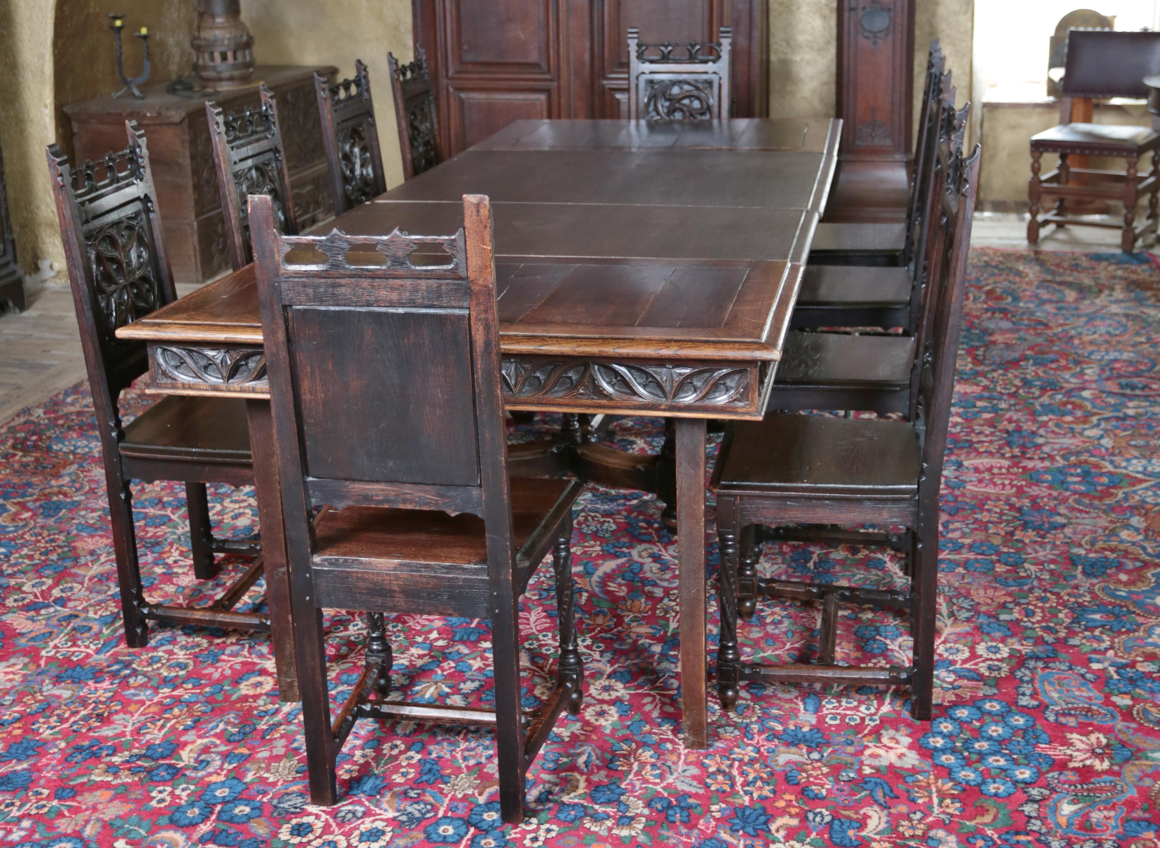 French Unique neo-Gothic dining room, large table and 10 chairs For Sale