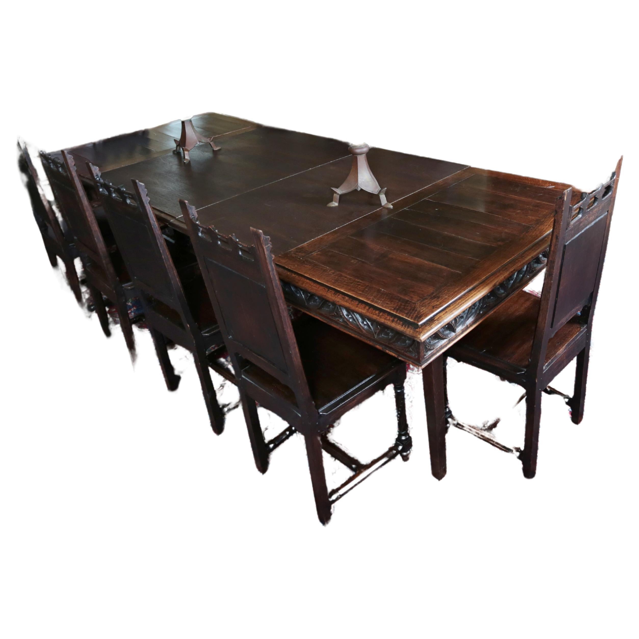 Unique neo-Gothic dining room, large table and 10 chairs For Sale