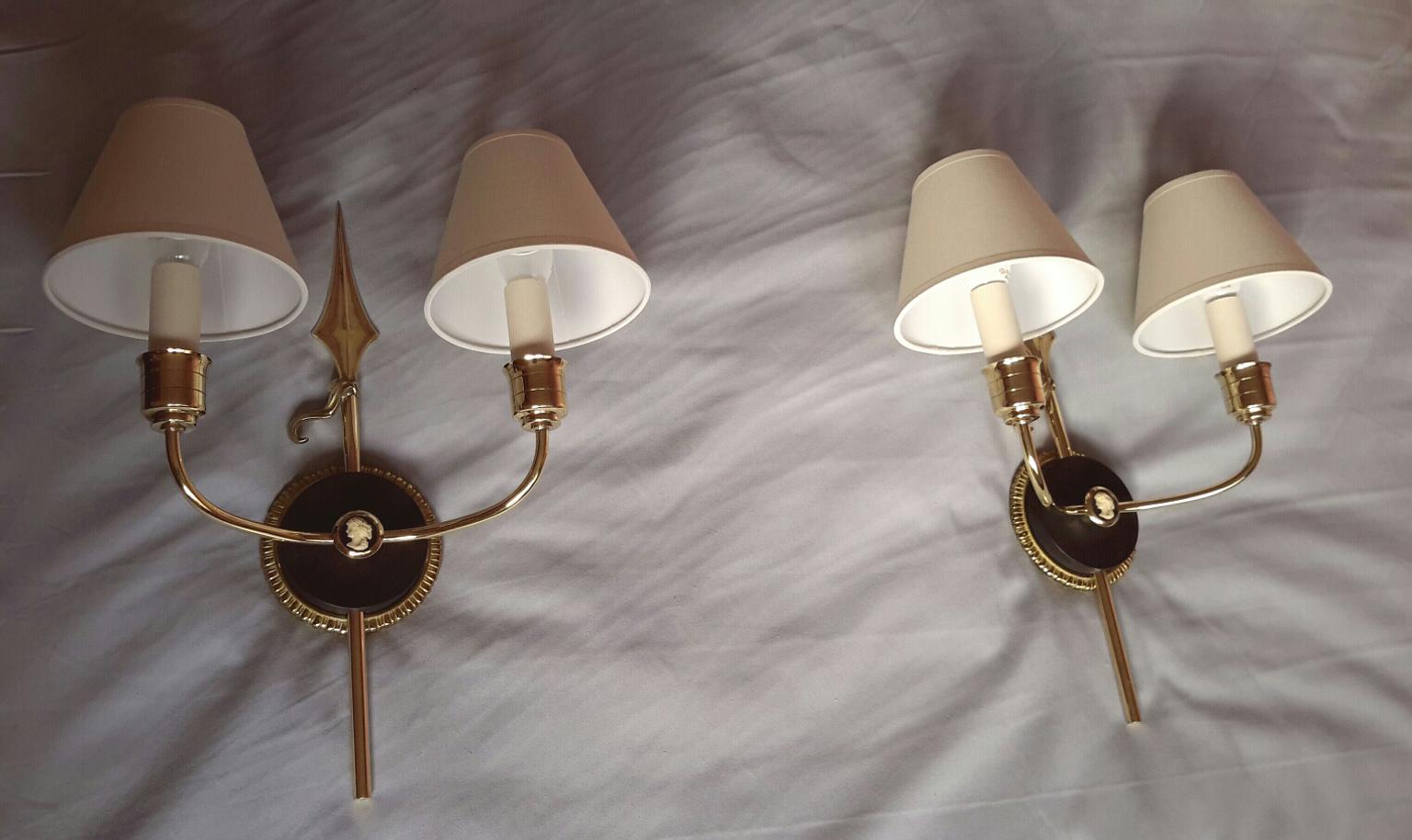 Brass Neoclassical French Spear Double Sconces, 1950 For Sale
