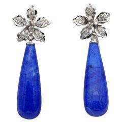 Unique Night and Day Diamond Flower Torpedo Lapis Drop Earrings