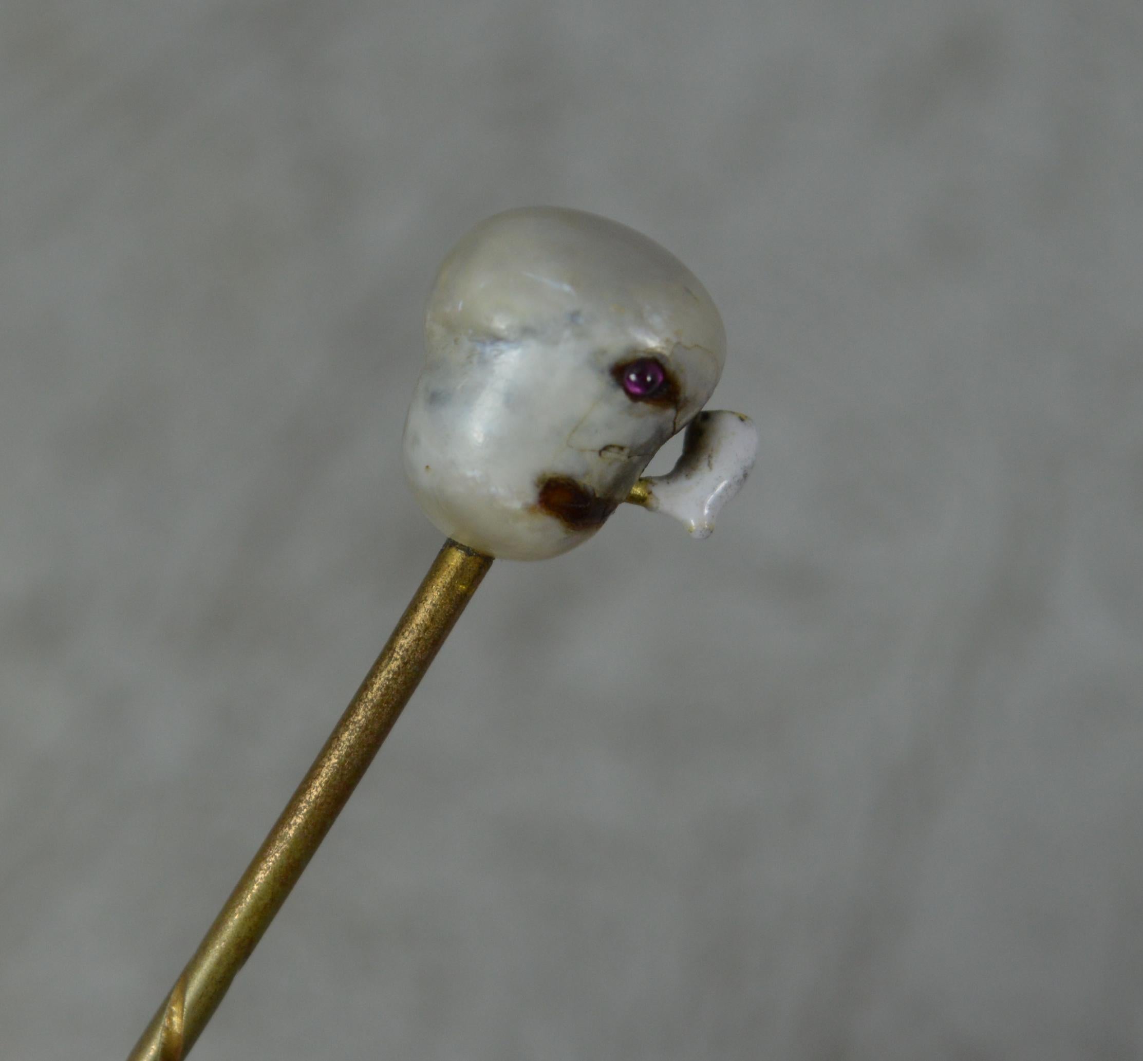 Unique Novelty Victorian Pearl and Ruby Smoking Head Skull Stick Tie Pin In Good Condition For Sale In St Helens, GB