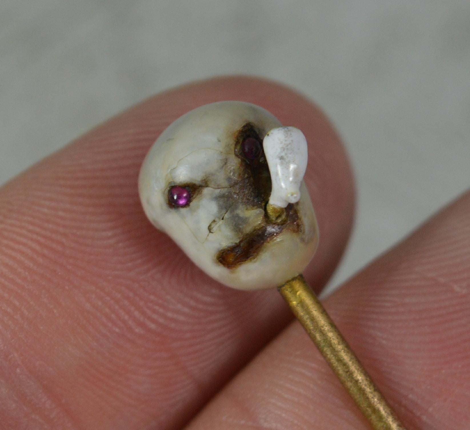Women's Unique Novelty Victorian Pearl and Ruby Smoking Head Skull Stick Tie Pin For Sale
