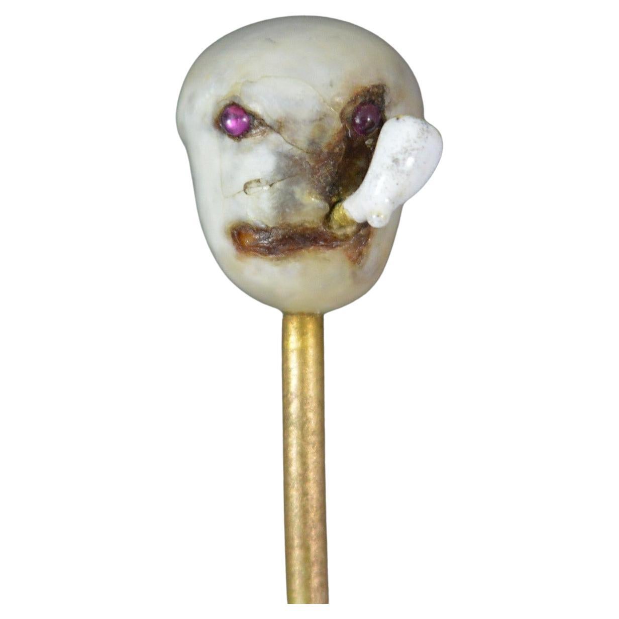 Unique Novelty Victorian Pearl and Ruby Smoking Head Skull Stick Tie Pin For Sale