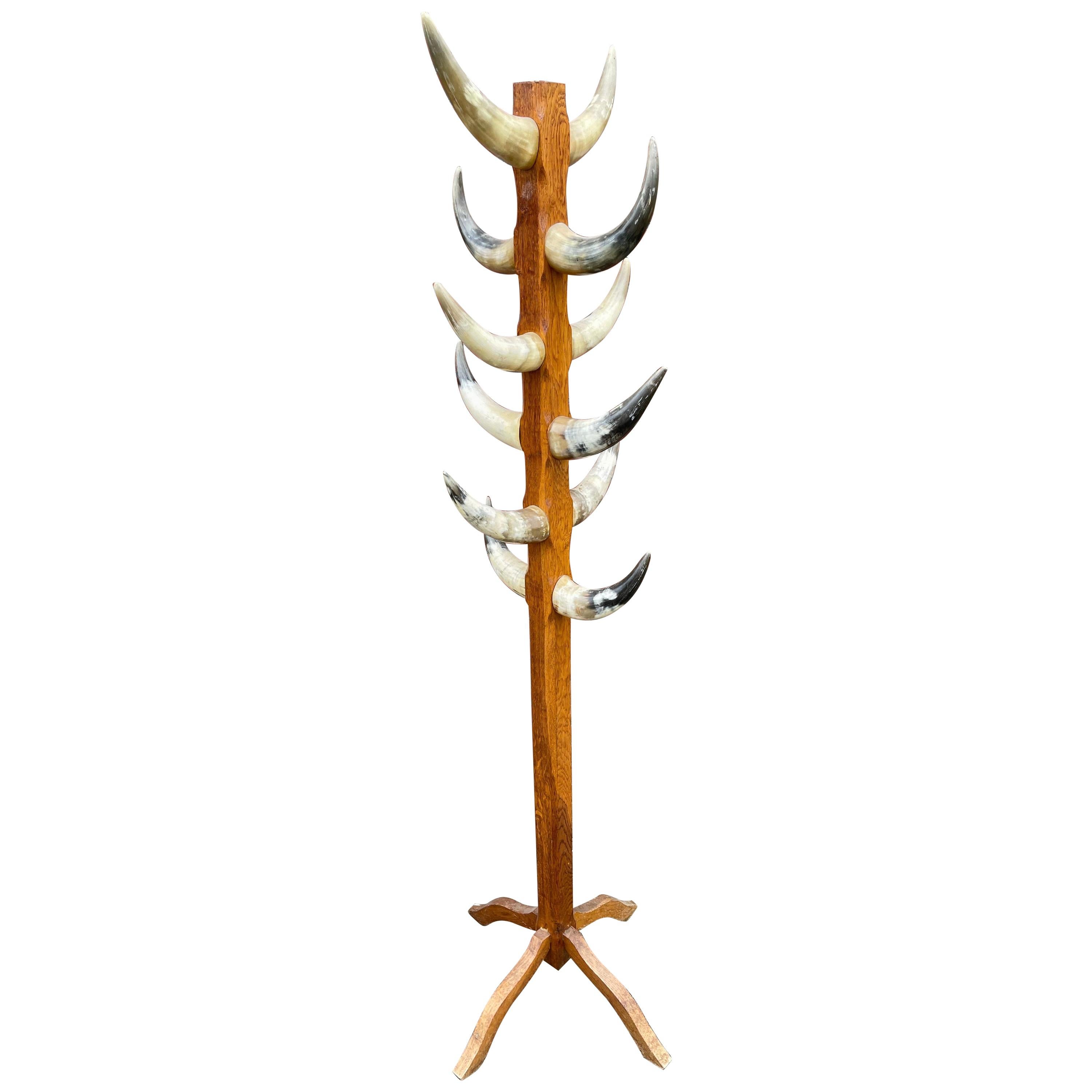 Unique Oak Entry Hall Standing Floor Coat Rack and Hat Stand for Cabin For Sale