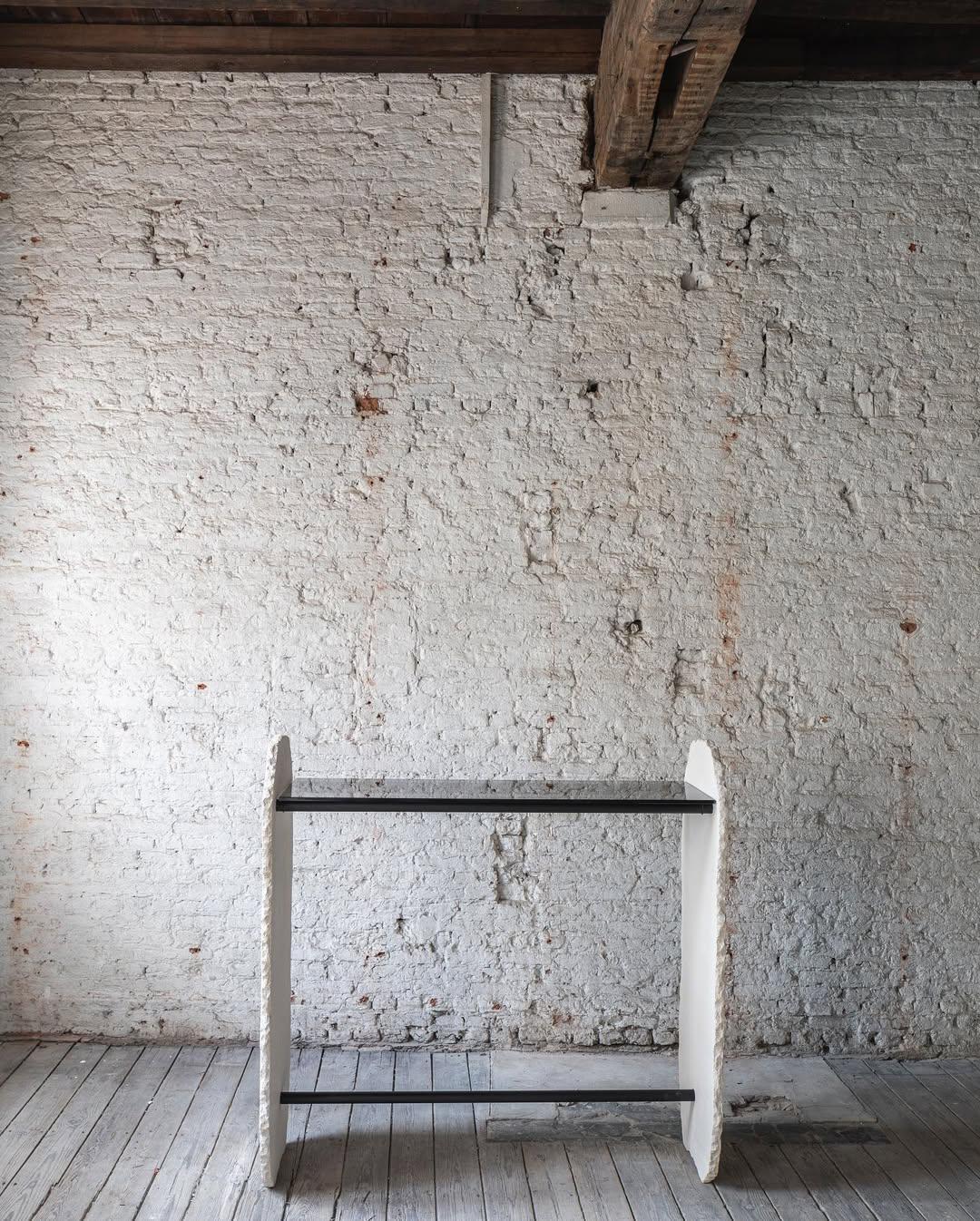 Unique Off-White Stone Slab Console with Grey Glass Shelves by Frédéric Saulou For Sale 5