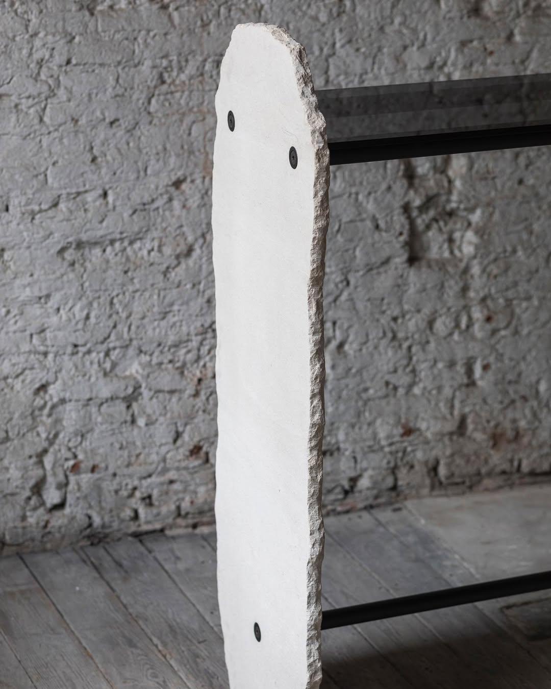 Unique Off-White Stone Slab Console with Grey Glass Shelves by Frédéric Saulou For Sale 8