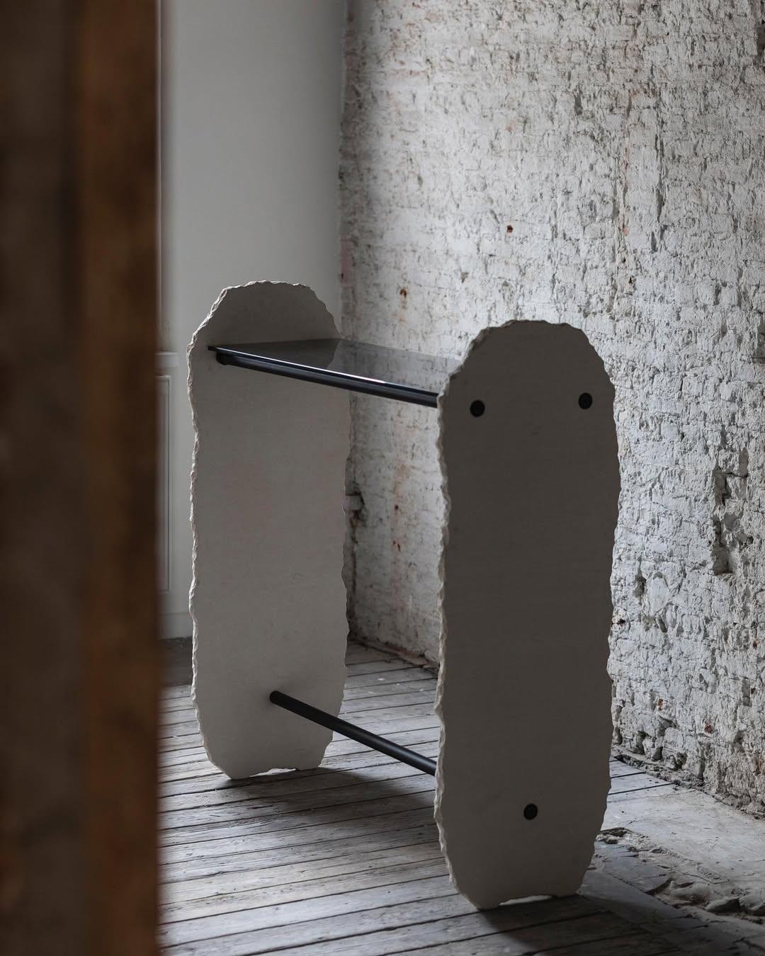 Unique Off-White Stone Slab Console with Grey Glass Shelves by Frédéric Saulou For Sale 9