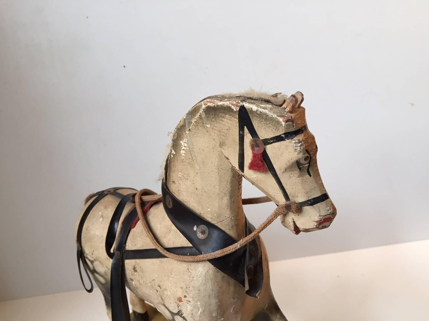 Folk Art Unique Old German Wooden Pull Along Horse, 1930s