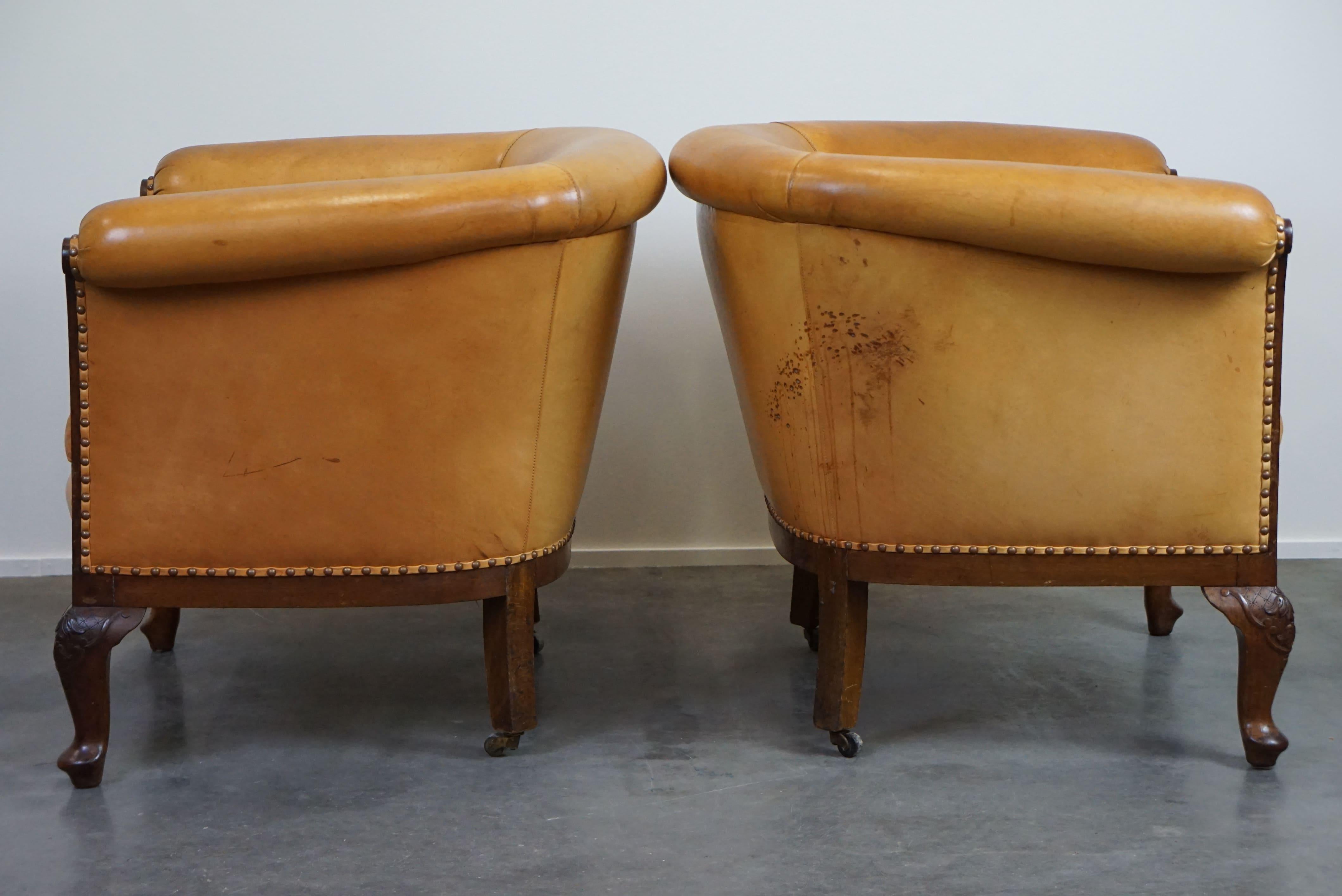 Unique old set of 2 club armchairs and a sofa in cognac-colored leather  For Sale 4