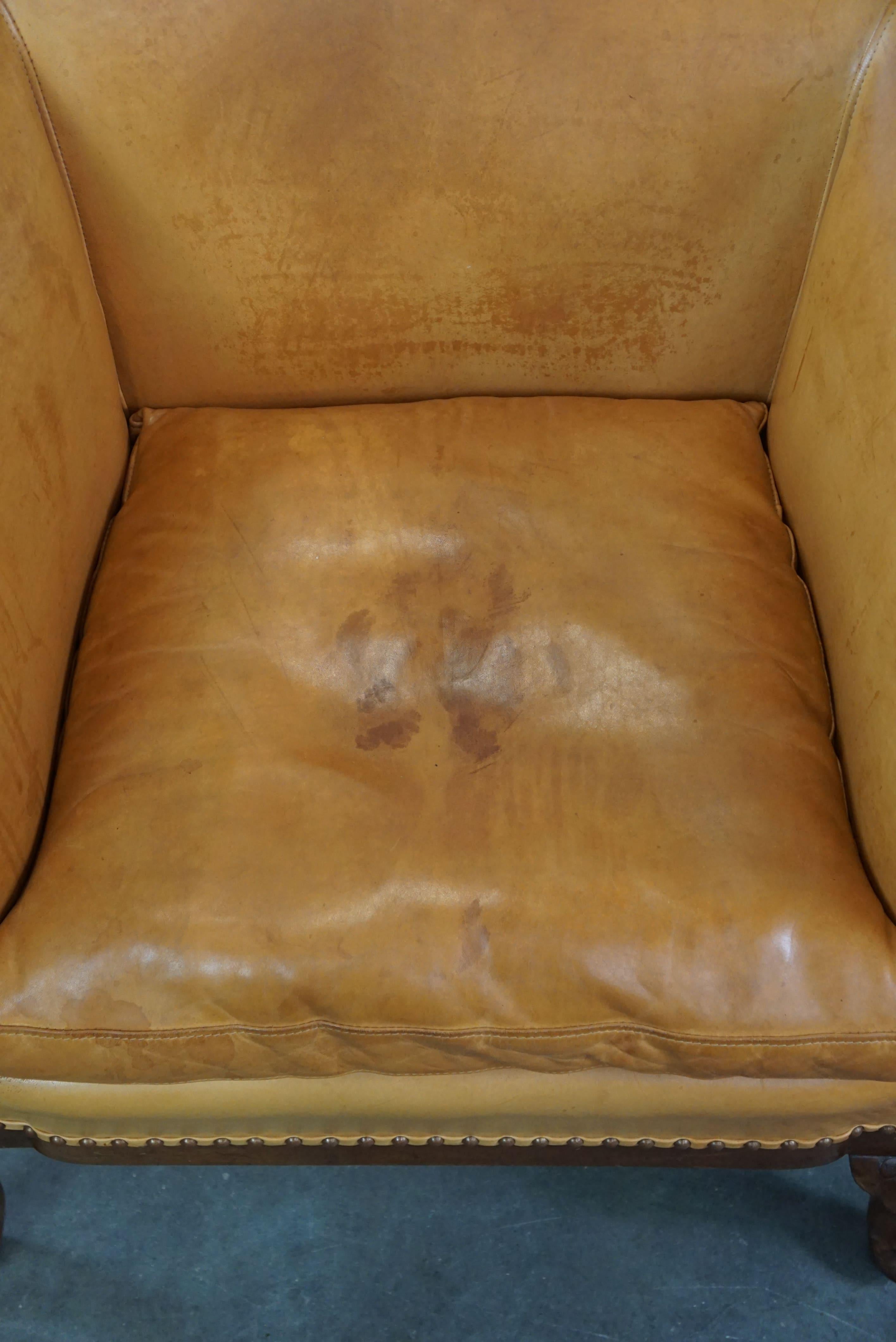 Unique old set of 2 club armchairs and a sofa in cognac-colored leather  For Sale 5