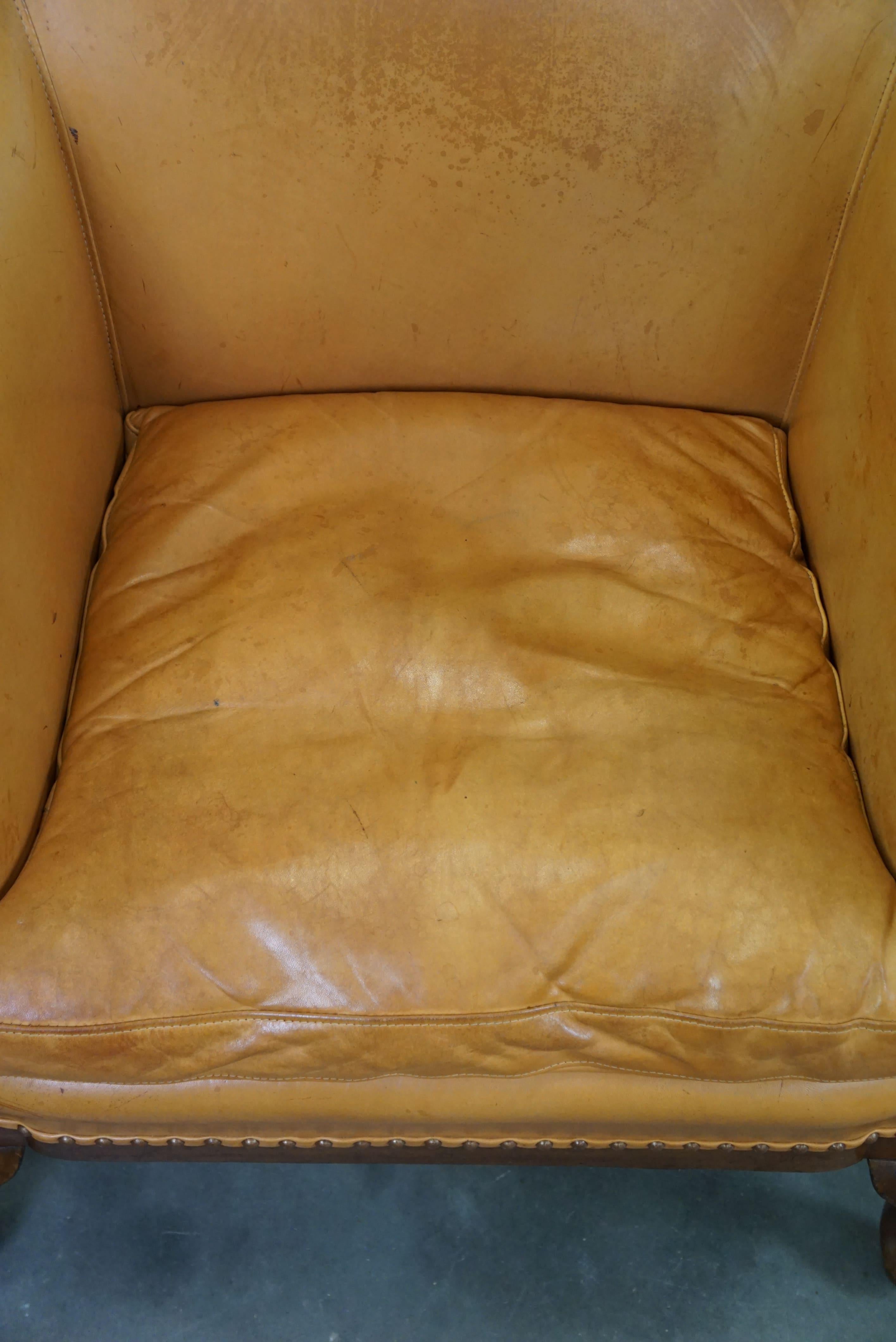 Unique old set of 2 club armchairs and a sofa in cognac-colored leather  For Sale 6