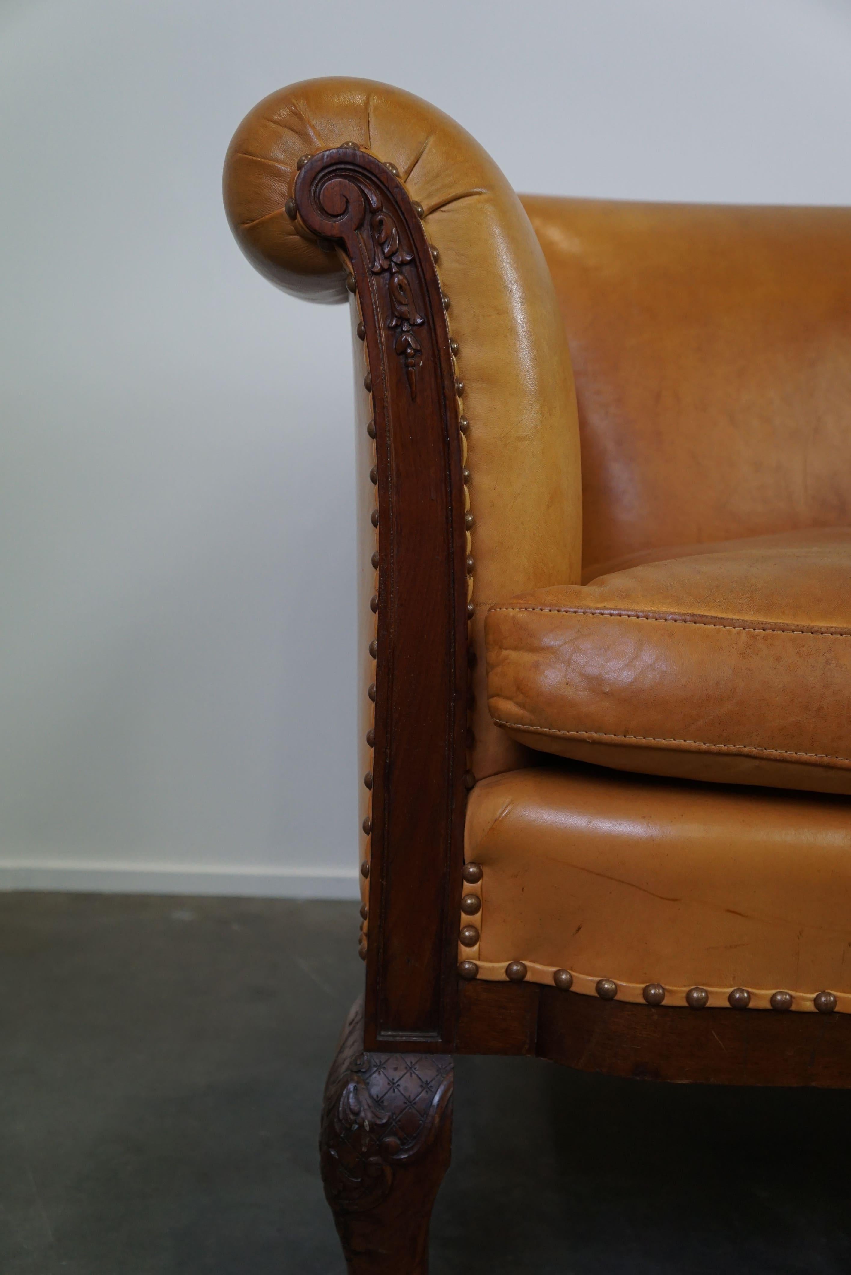 Unique old set of 2 club armchairs and a sofa in cognac-colored leather  For Sale 14