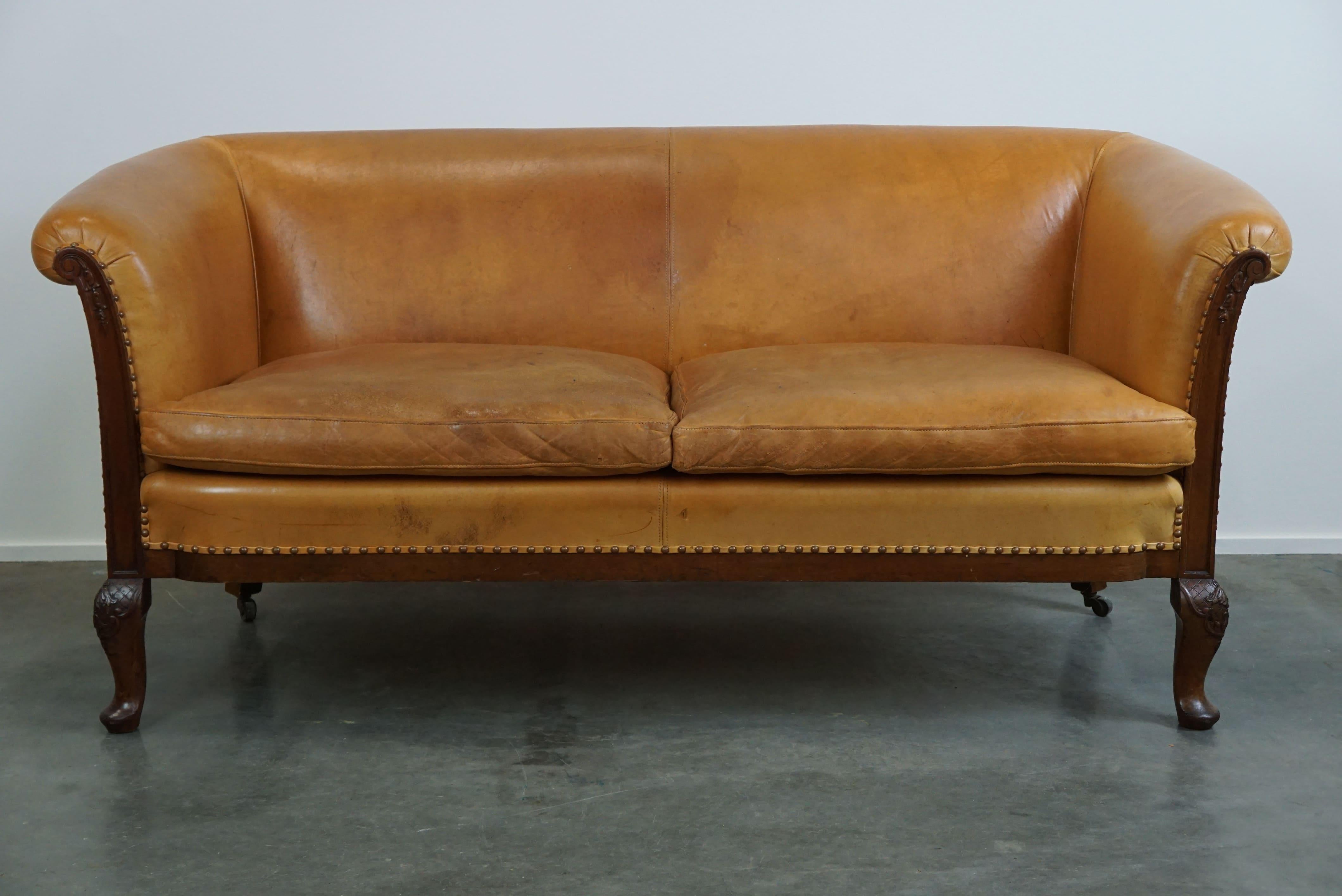 Hand-Crafted Unique old set of 2 club armchairs and a sofa in cognac-colored leather  For Sale