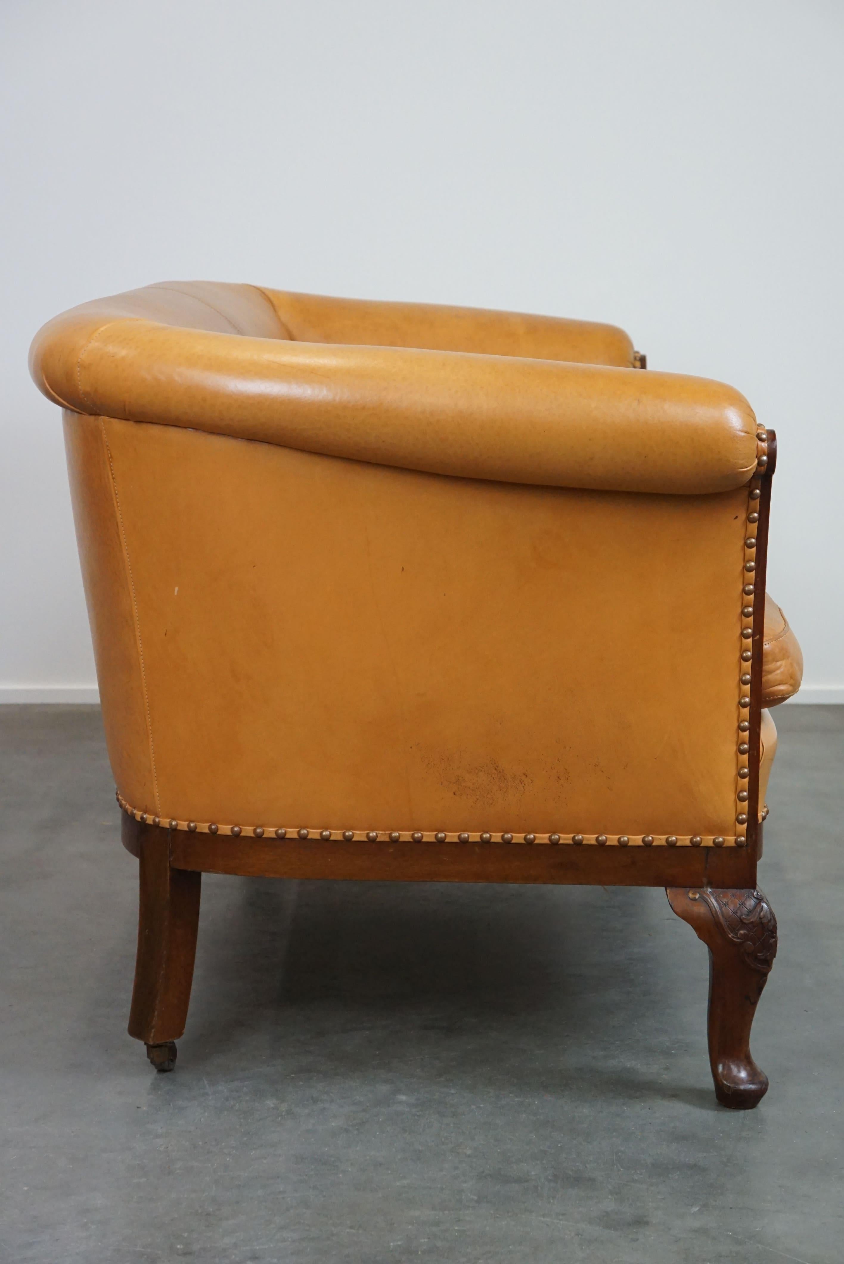 Unique old set of 2 club armchairs and a sofa in cognac-colored leather  In Fair Condition For Sale In Harderwijk, NL