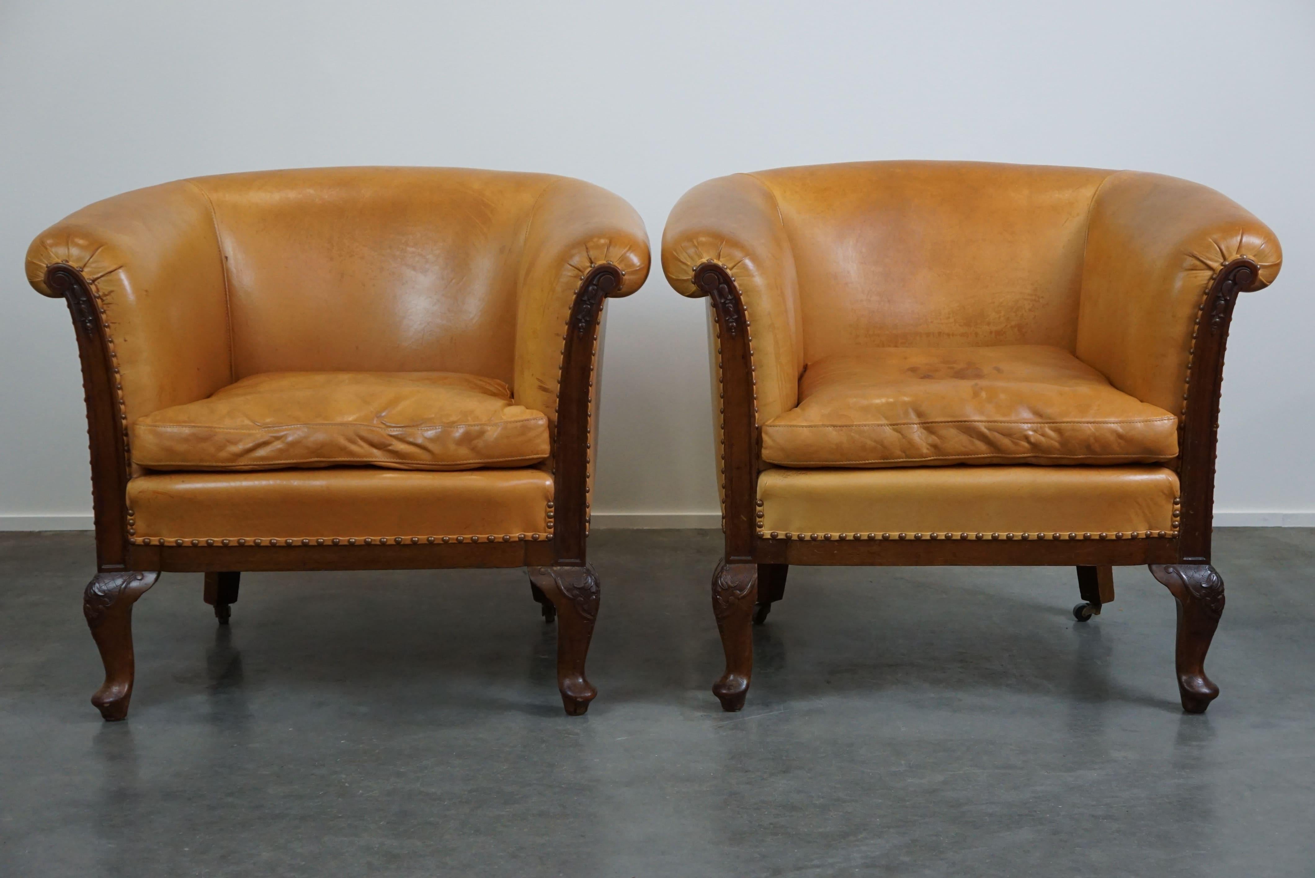 Unique old set of 2 club armchairs and a sofa in cognac-colored leather  For Sale 1