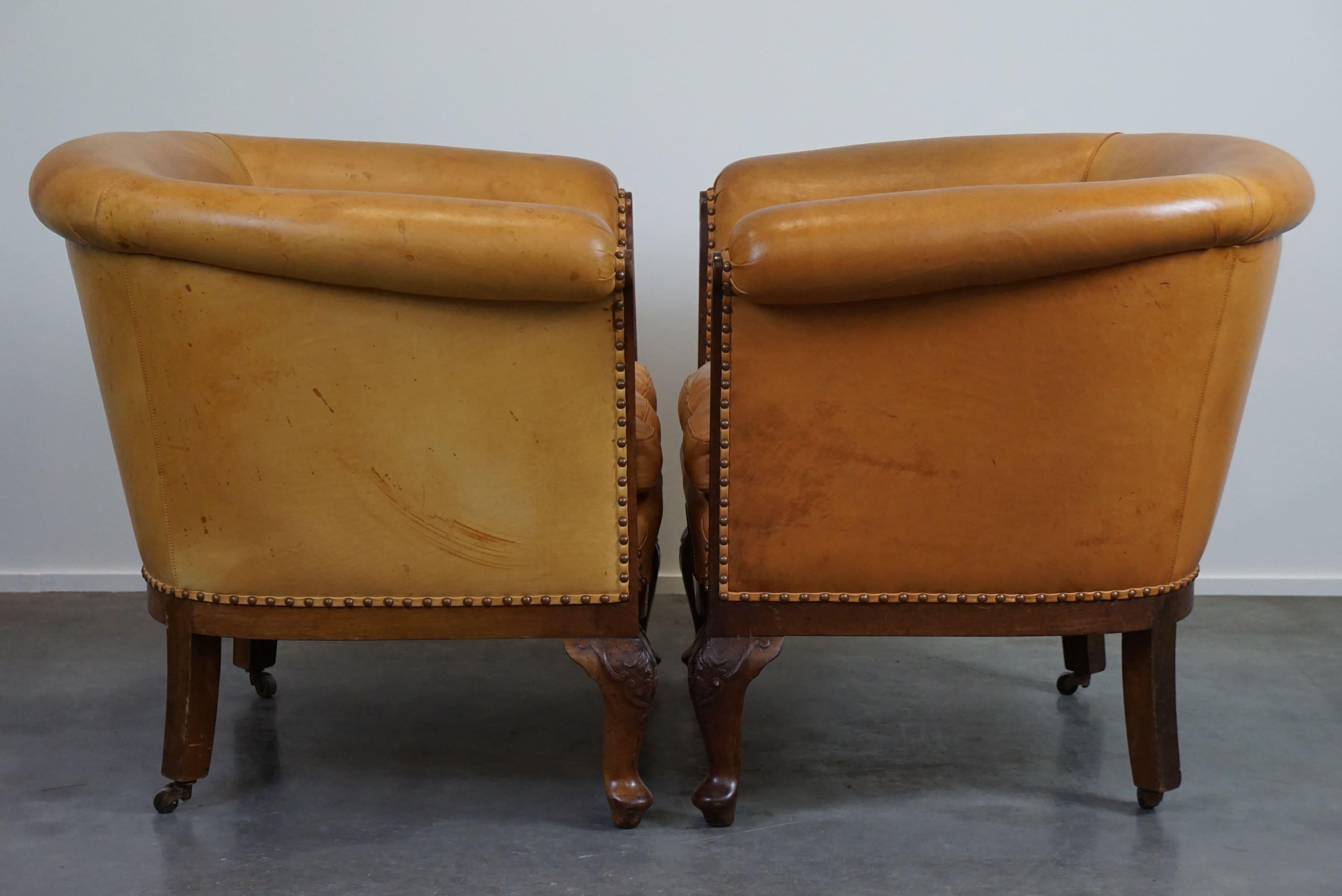 Unique old set of 2 club armchairs and a sofa in cognac-colored leather  For Sale 2