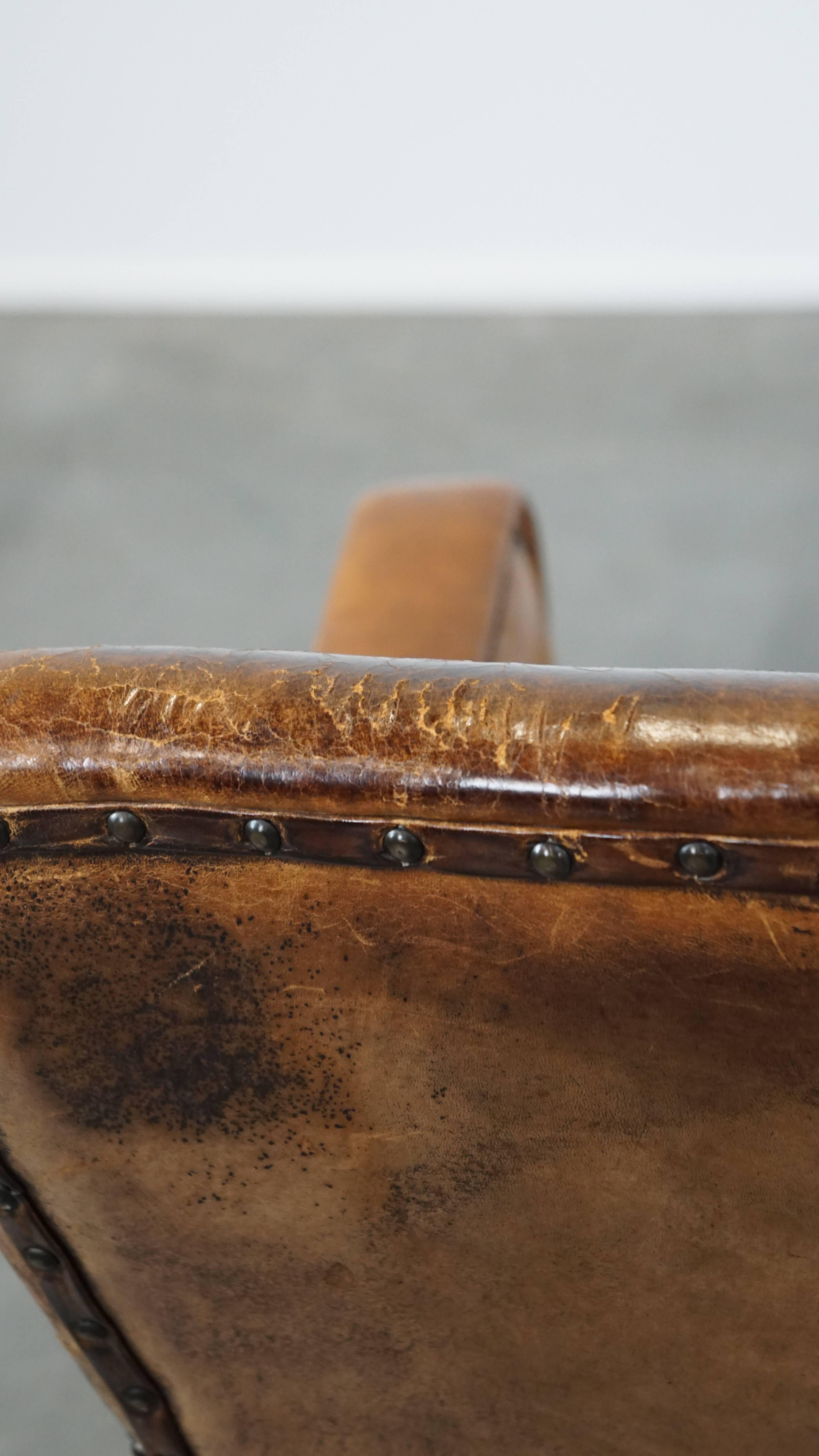 Unique Old Sheepskin Leather Armchair For Sale 6