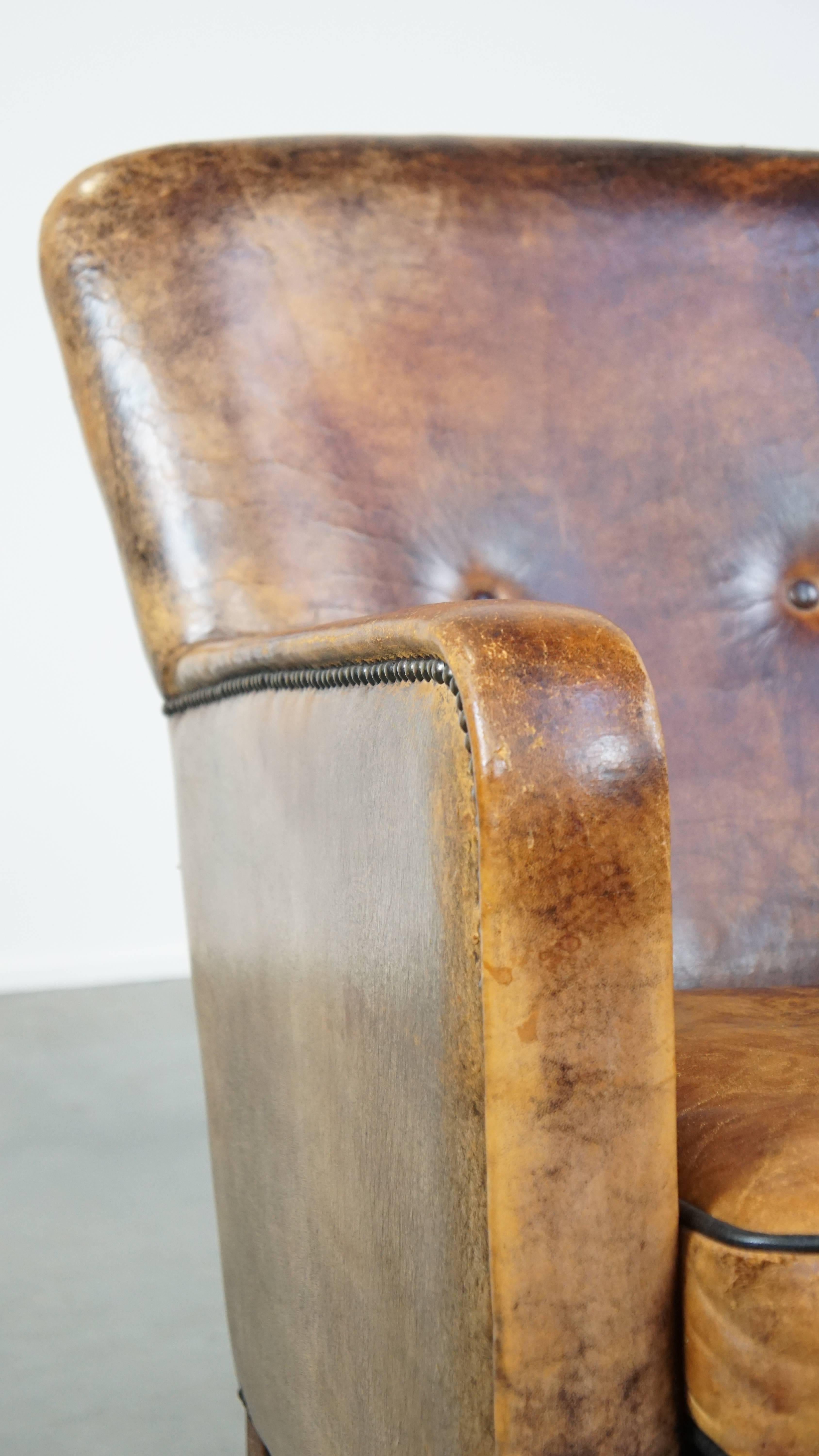 Unique Old Sheepskin Leather Armchair For Sale 8