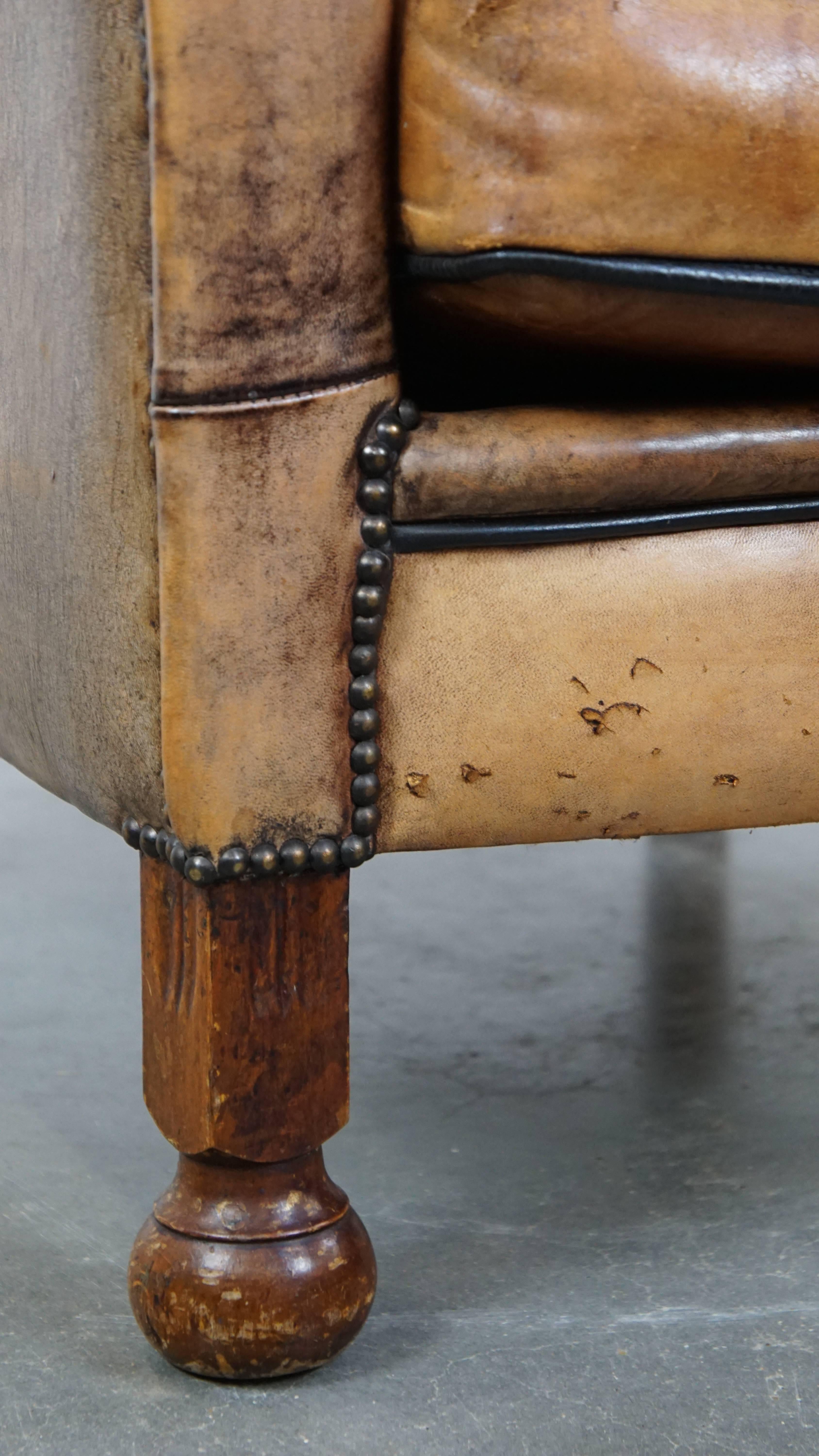 Unique Old Sheepskin Leather Armchair For Sale 9