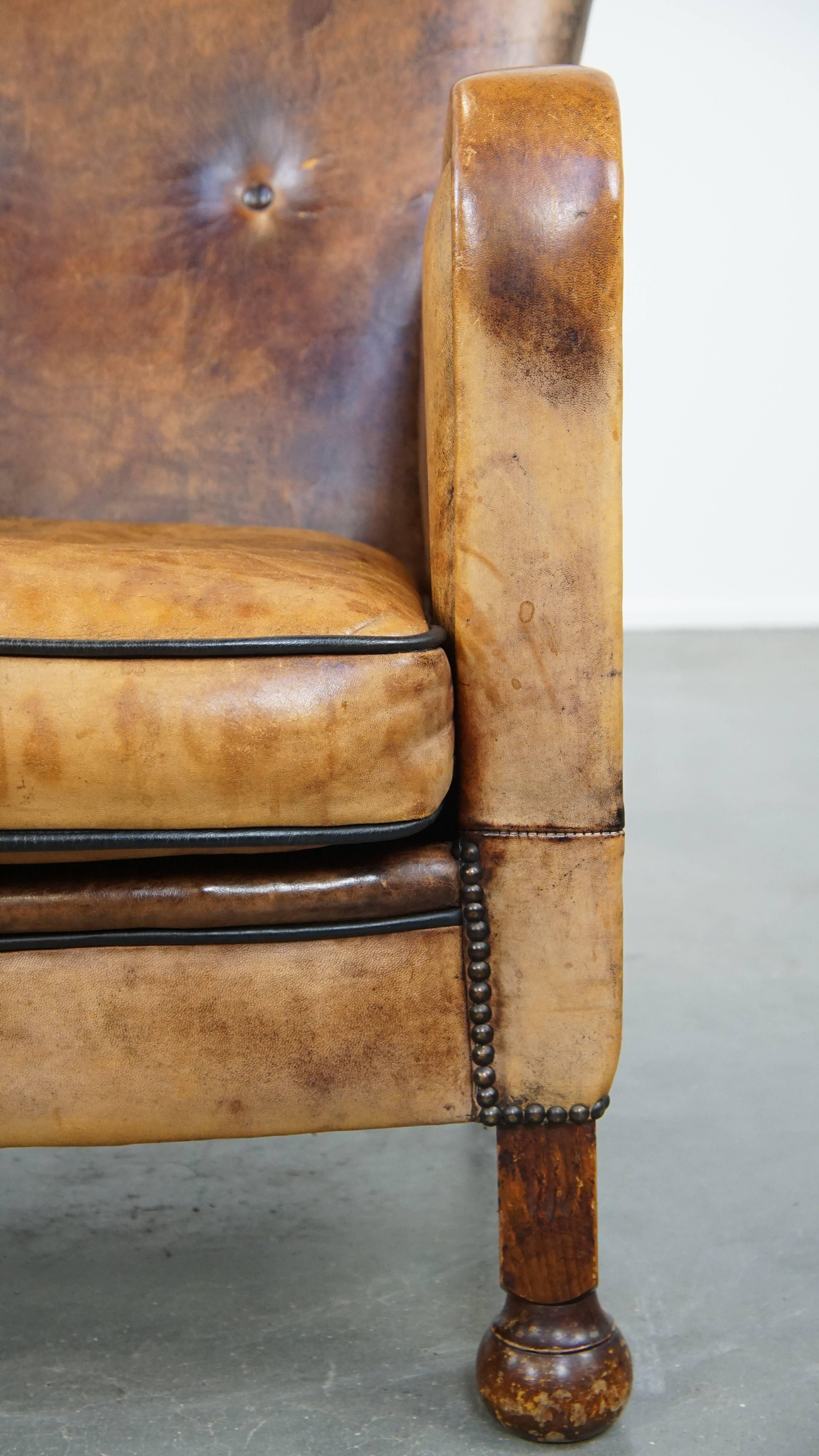Unique Old Sheepskin Leather Armchair For Sale 10