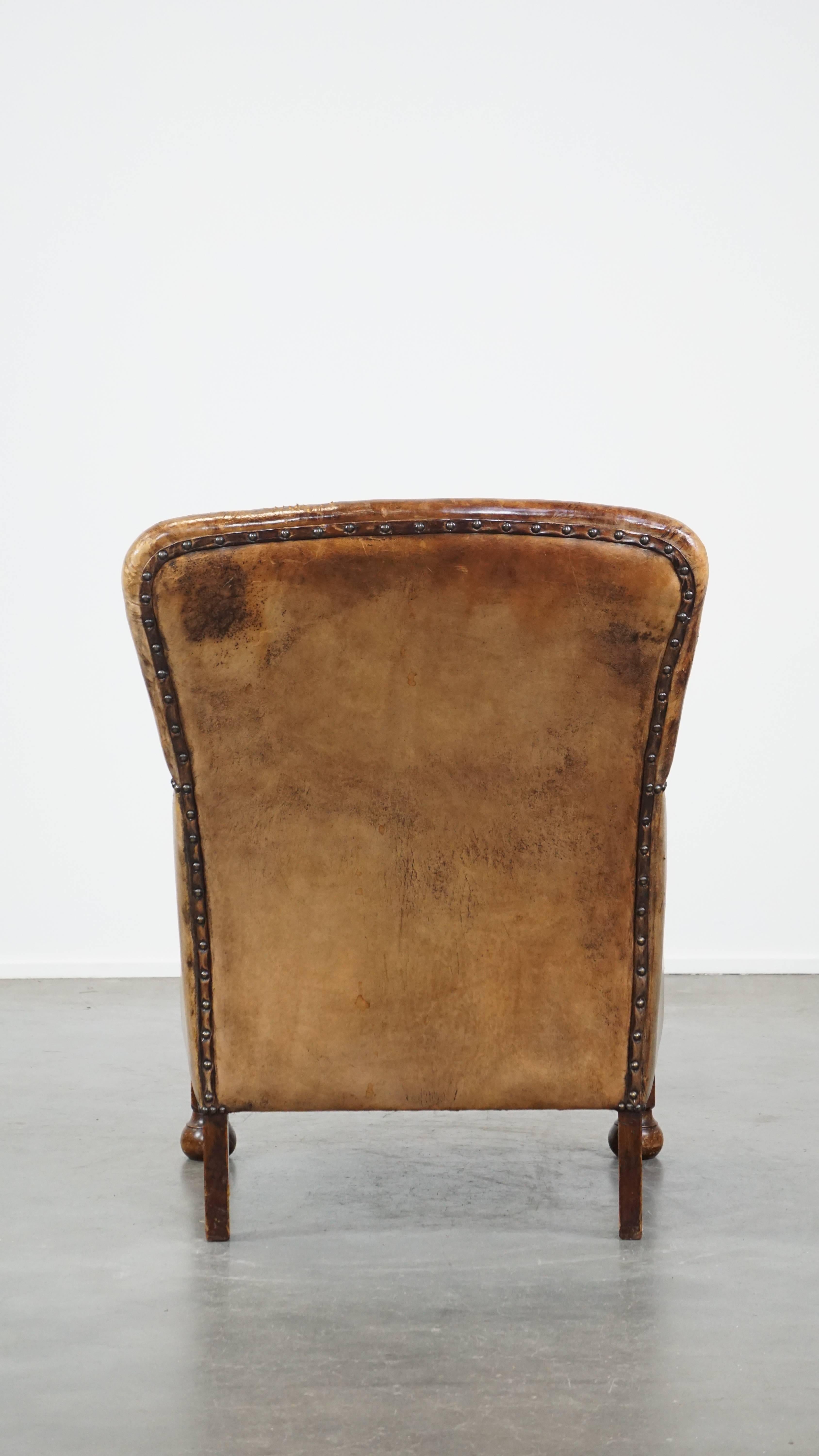 Unique Old Sheepskin Leather Armchair In Good Condition For Sale In Harderwijk, NL