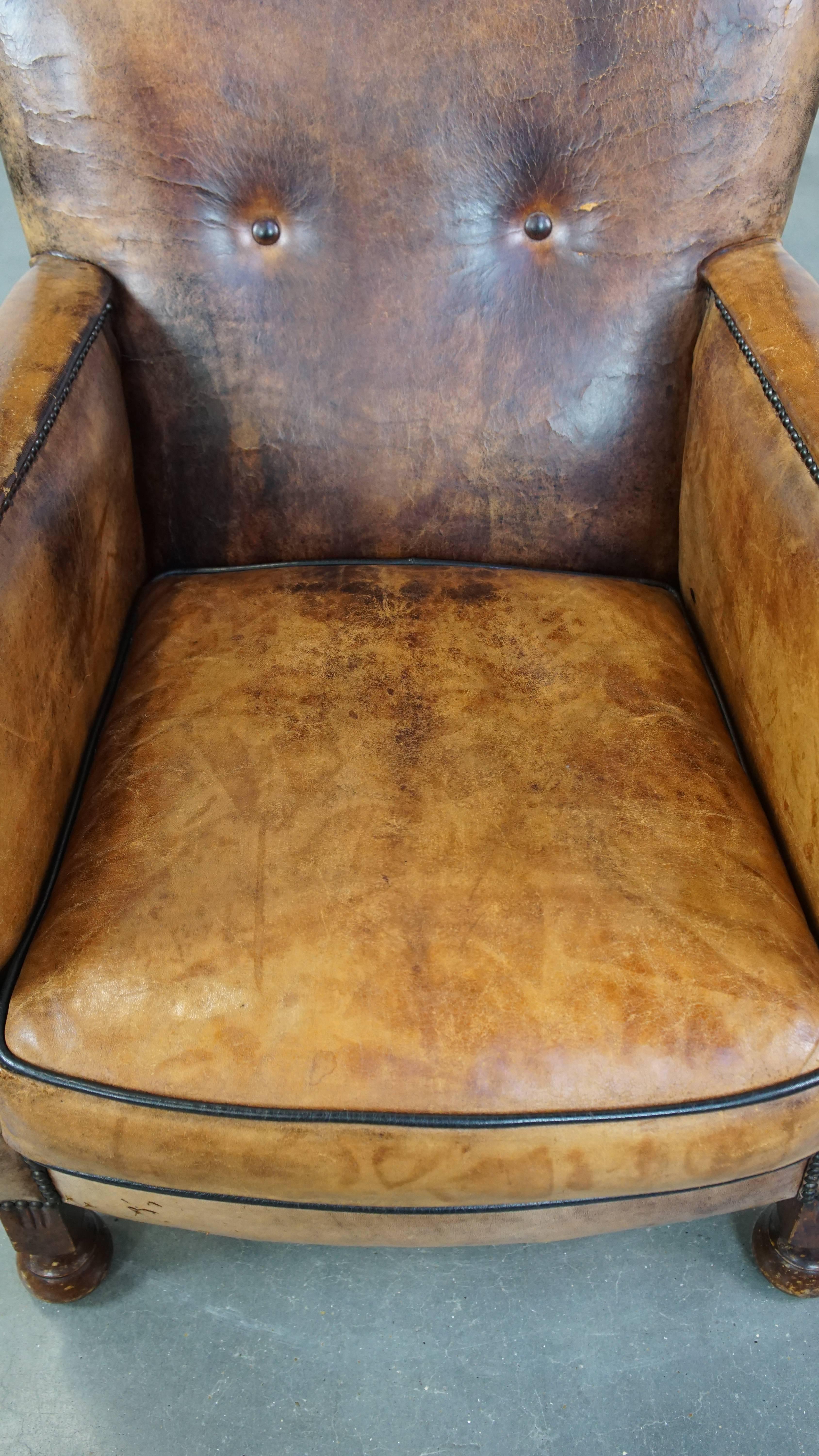 Unique Old Sheepskin Leather Armchair For Sale 1