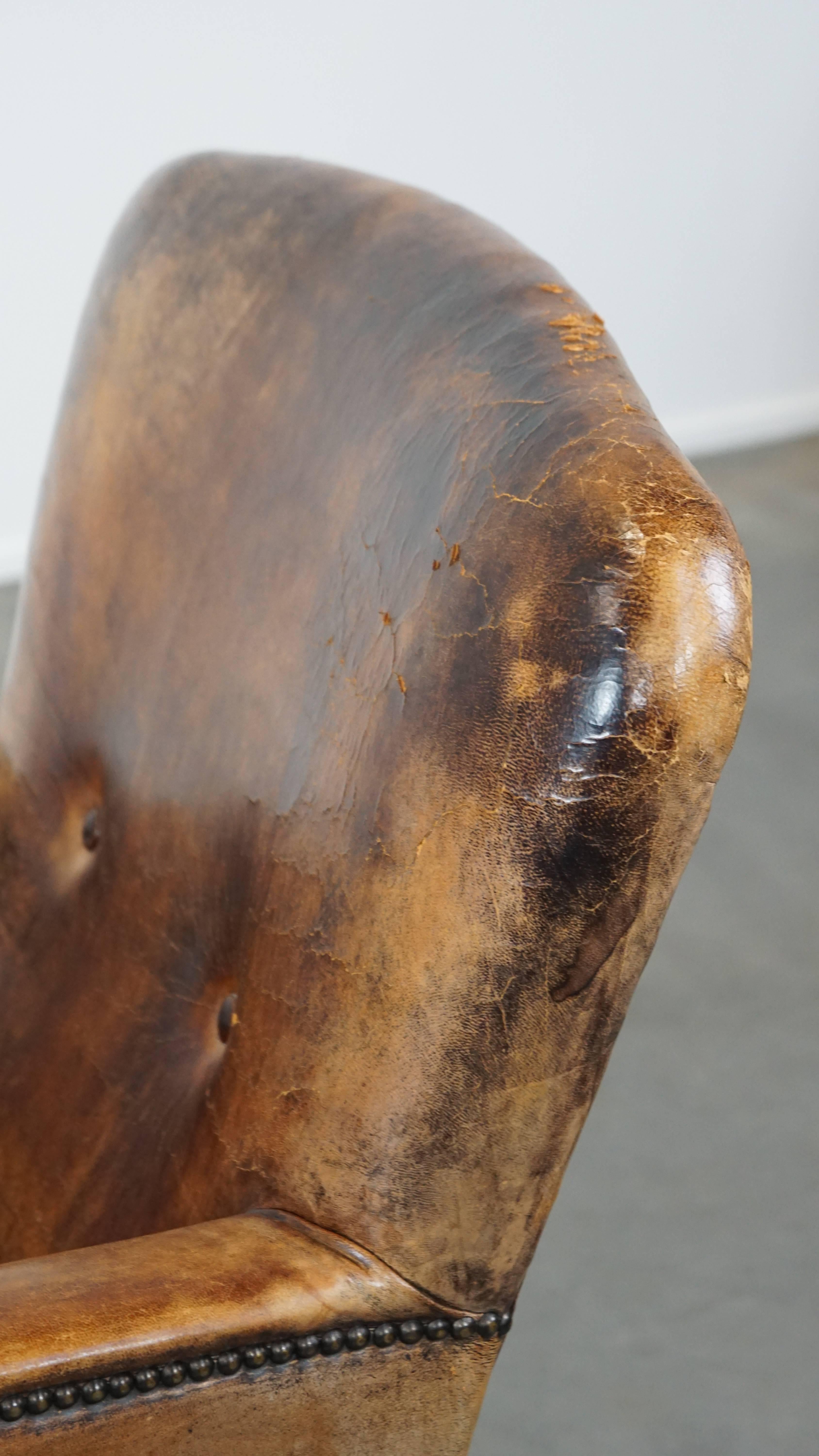 Unique Old Sheepskin Leather Armchair For Sale 4